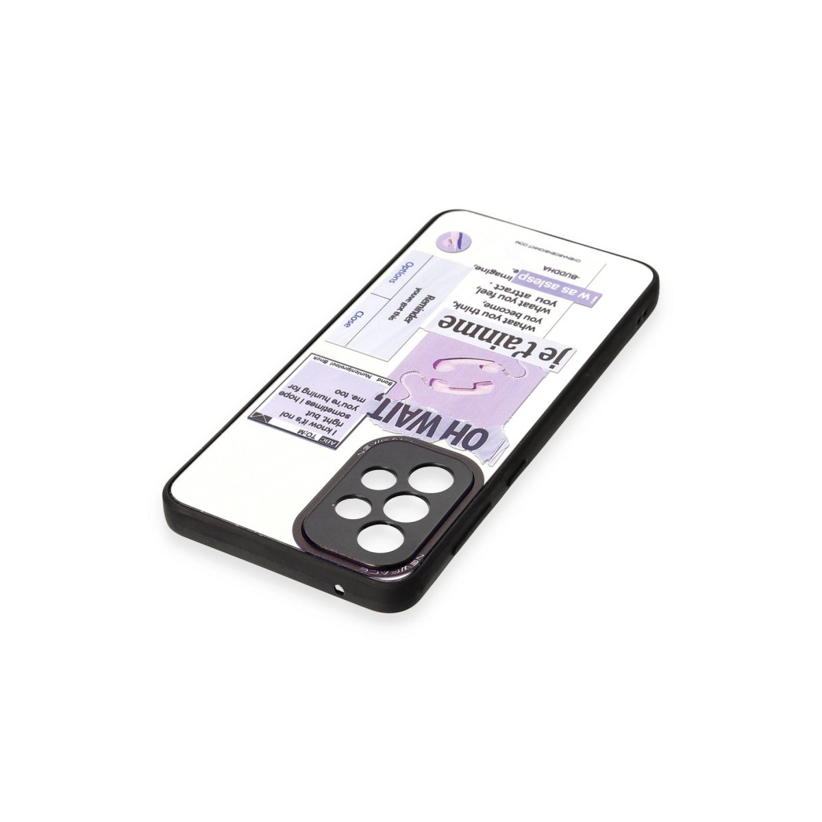 Mor ve beyaz yazı ve grafiklere sahip telefon kılıfı.