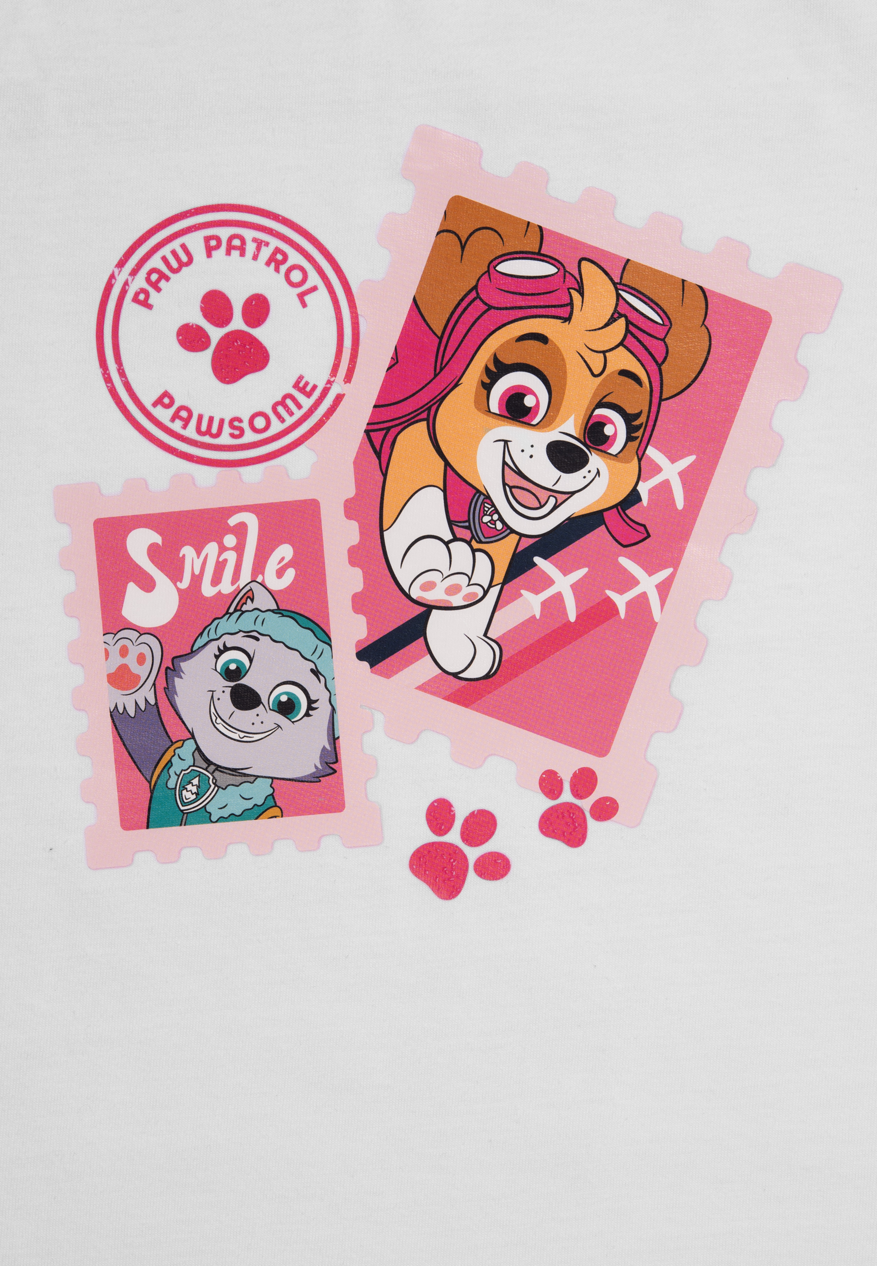 Paw Patrol Hunde auf Briefmarken-Illustrationen, mit Flugzeugen und Pfotenabdrücken.