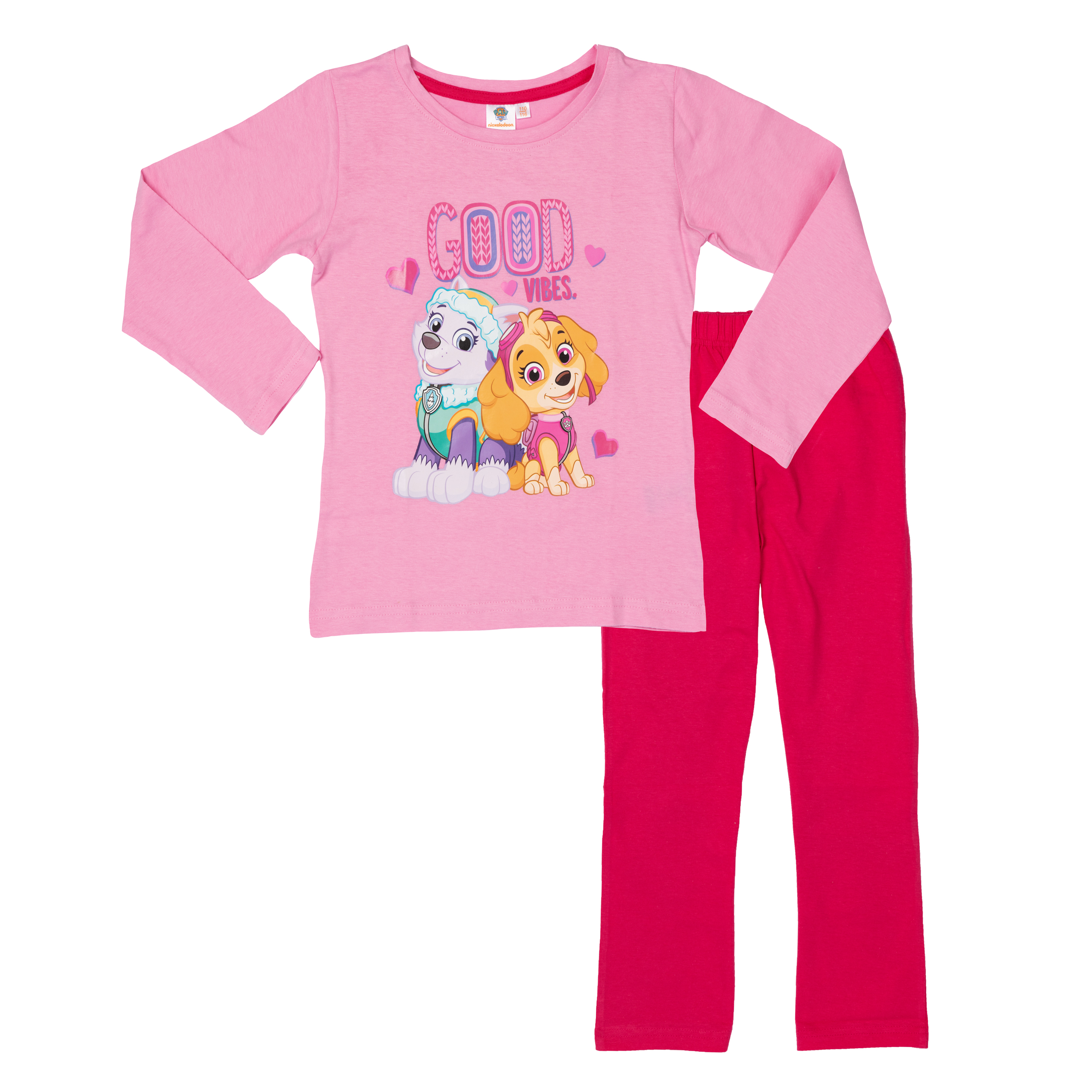 Ein rosafarbenes Pyjamaset mit Paw Patrol Hunden und "Good Vibes"-Aufdruck.