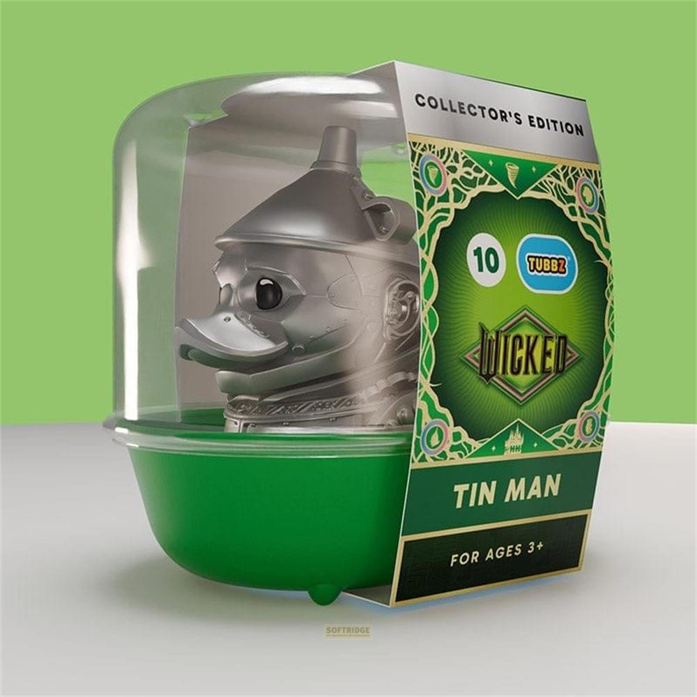 Eine silberne Ente im Tin Man-Design in einer grünen Box mit der Aufschrift 'Wicked'.