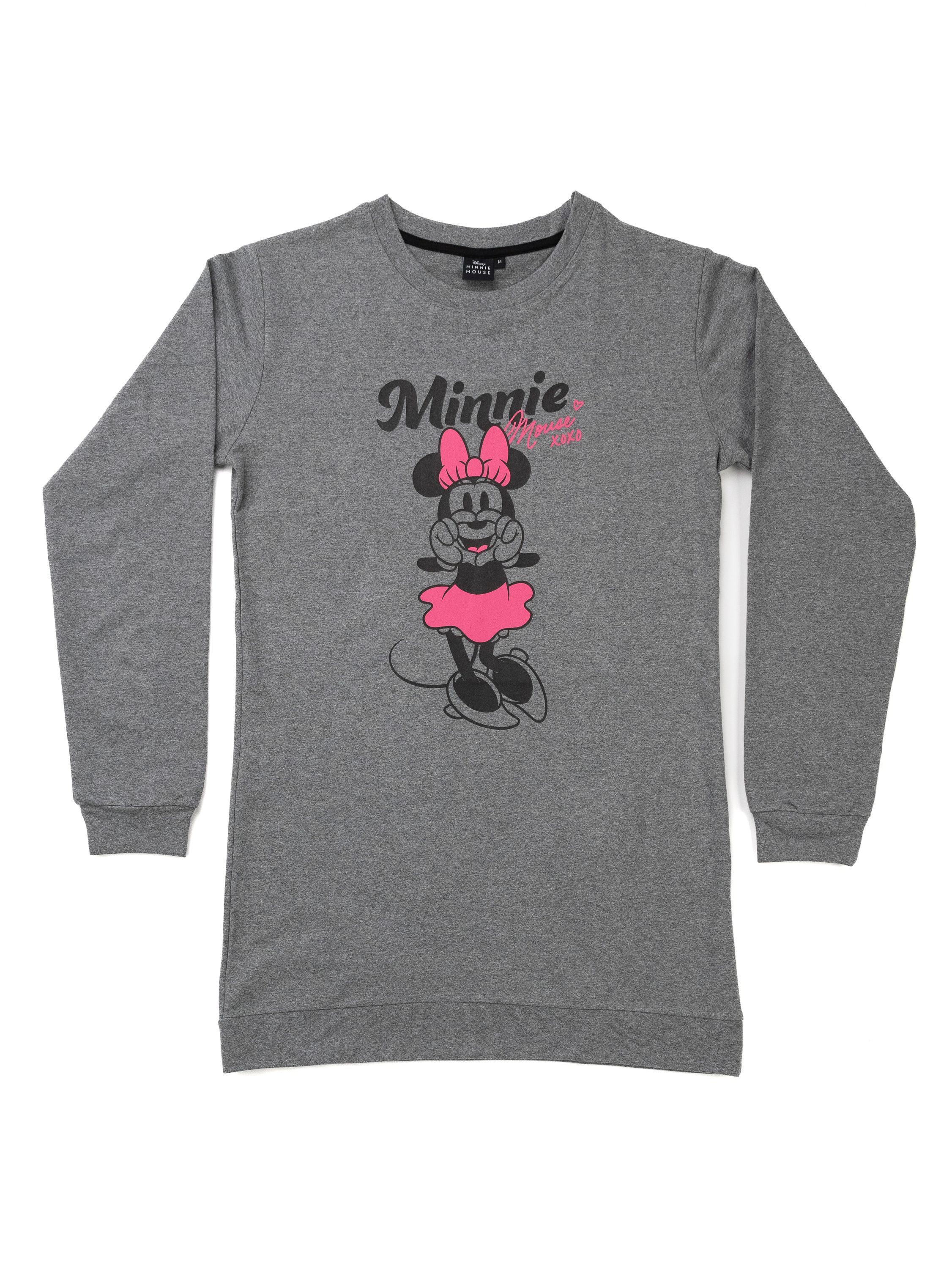 Grauer Pullover mit Minnie Maus-Aufdruck und pinkem Rock.