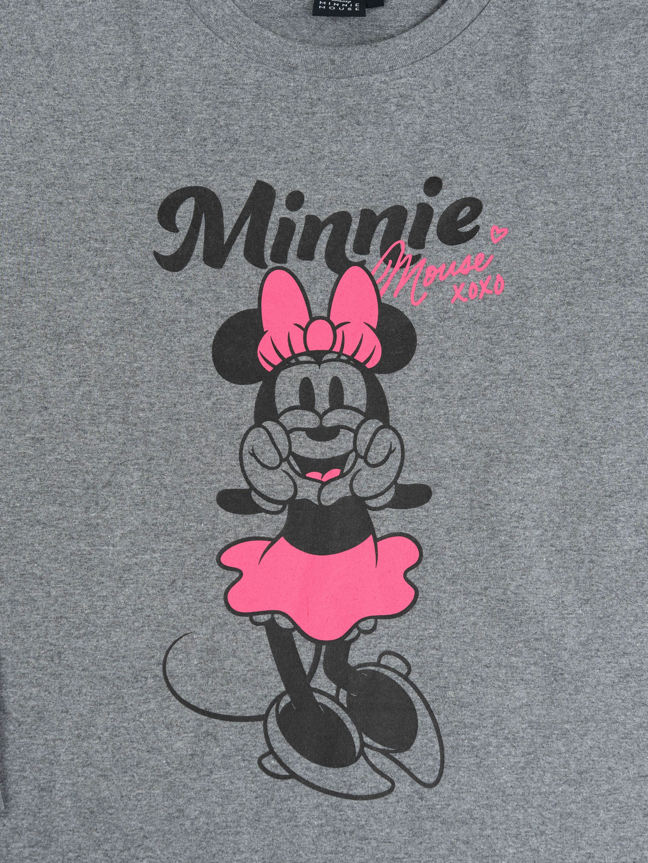 Graues T-Shirt mit Minnie Maus-Aufdruck und rosa Schleife.