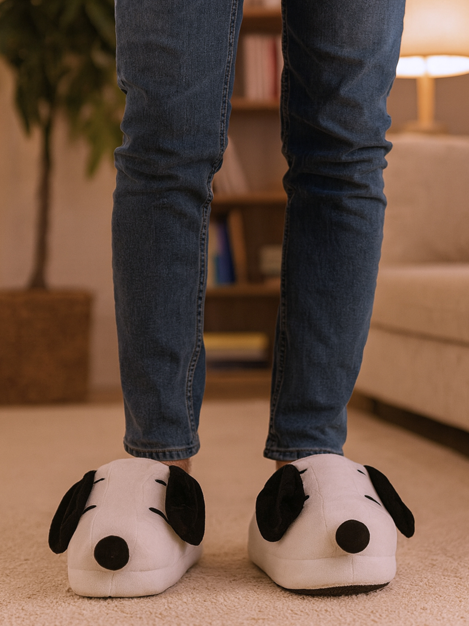 Person mit Snoopy-Hausschuhen, Jeans und einem Bücherregal im Hintergrund.