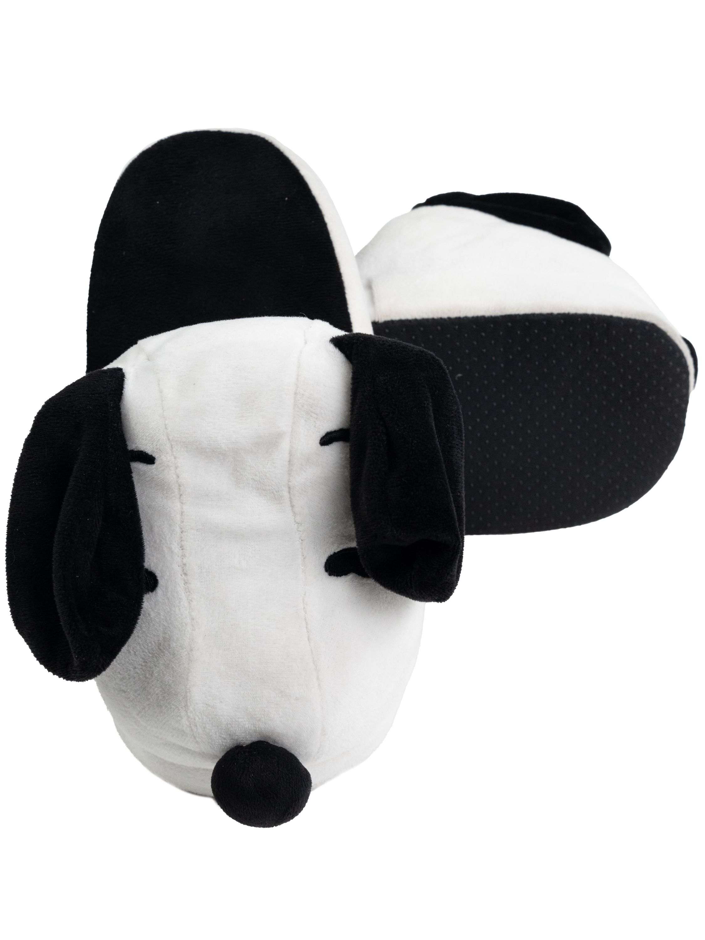 Plüschpantoffeln in Form von Snoopy, weiß mit schwarzen Ohren und Nase.