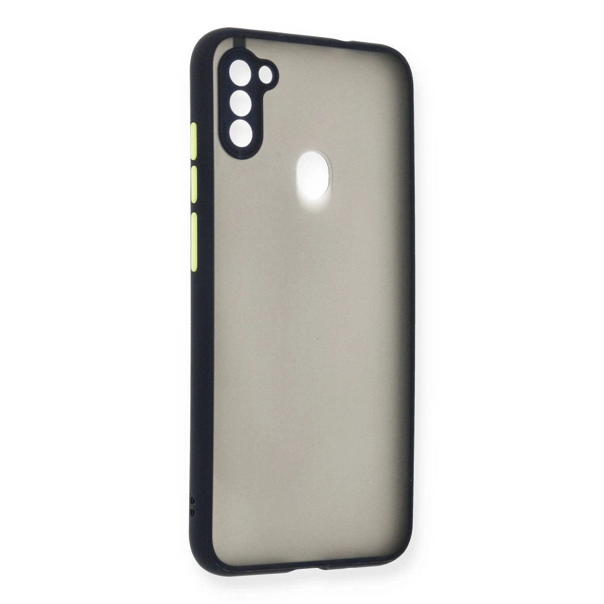 Kamera ve parmak izi sensörü için kesikleri olan koyu, yarı saydam telefon kılıfı.