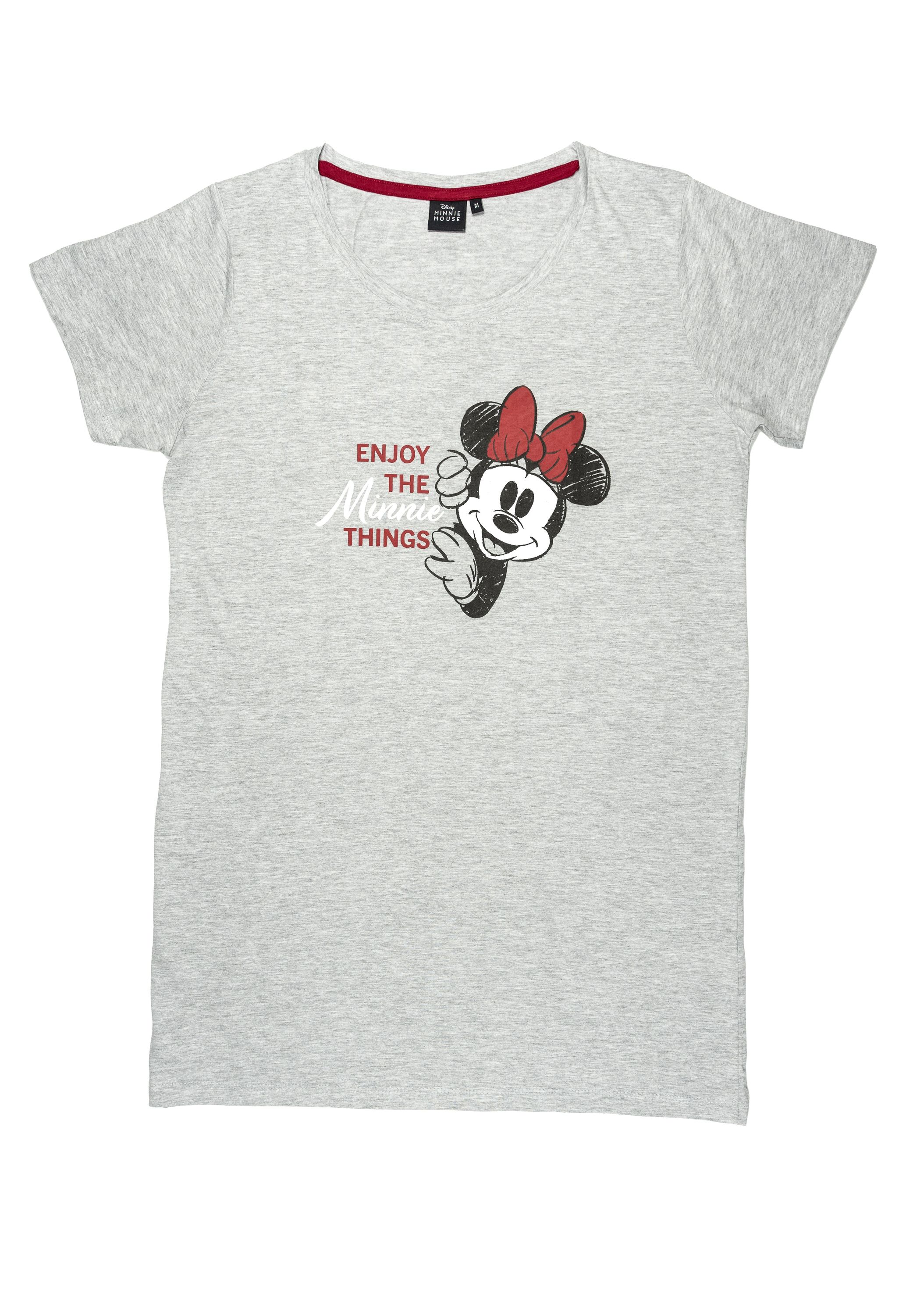 Graues T-Shirt mit Minnie Maus und Text „Enjoy the Minnie Things“.