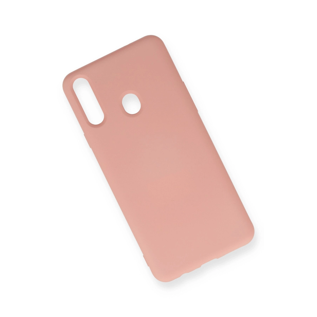 Beyaz arka plan üzerinde kamera kesikleri olan pembe telefon kılıfı.