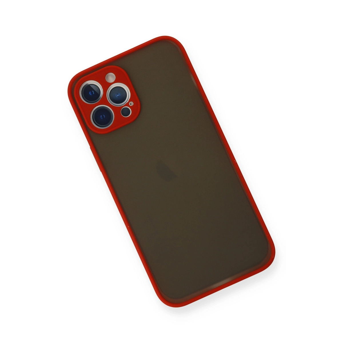 Kırmızı kenarlı koyu gri telefon kılıfı ve kamera lensleri.