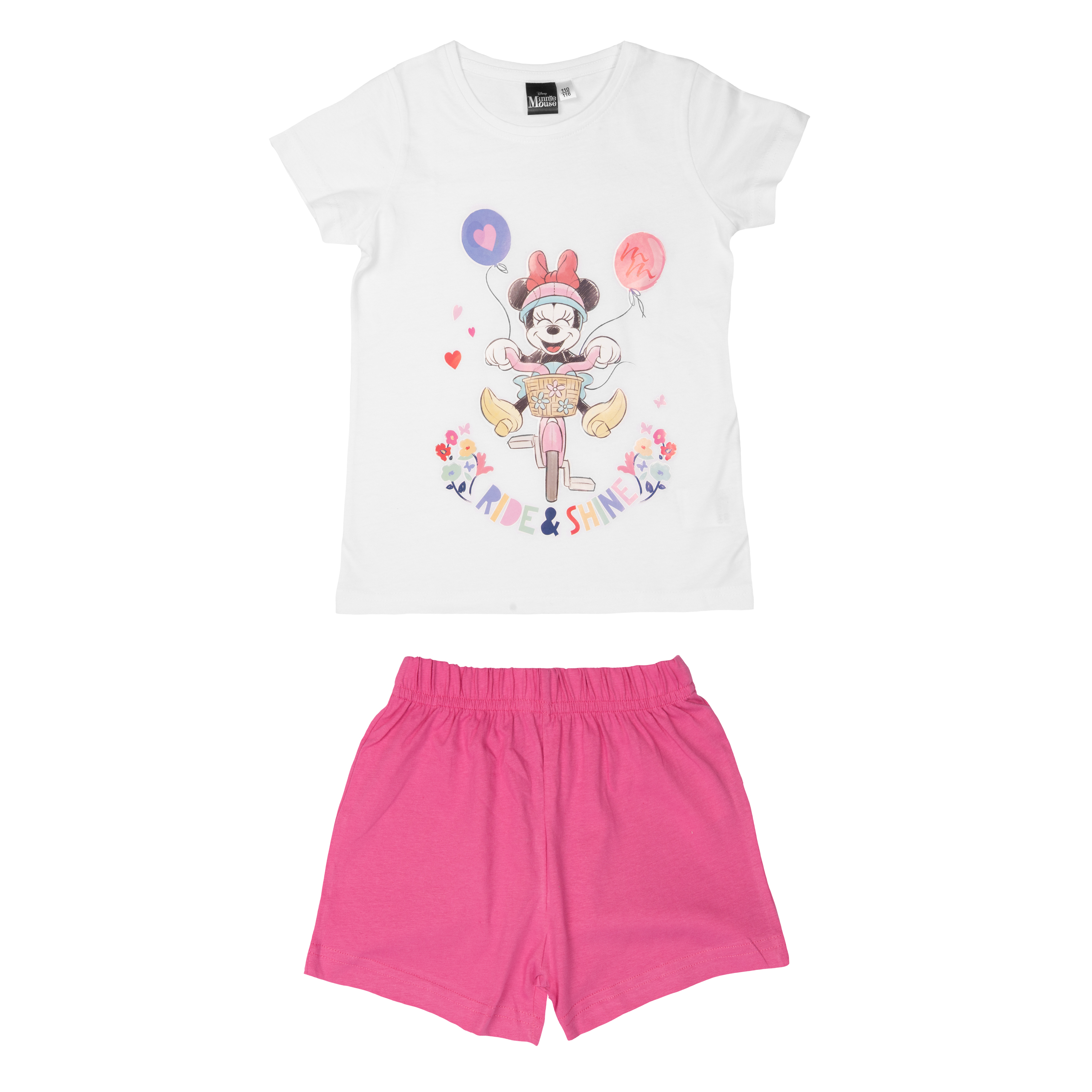Minnie Maus auf einem Fahrrad mit Luftballons und Blumen. Blaue und pinke Shorts.
