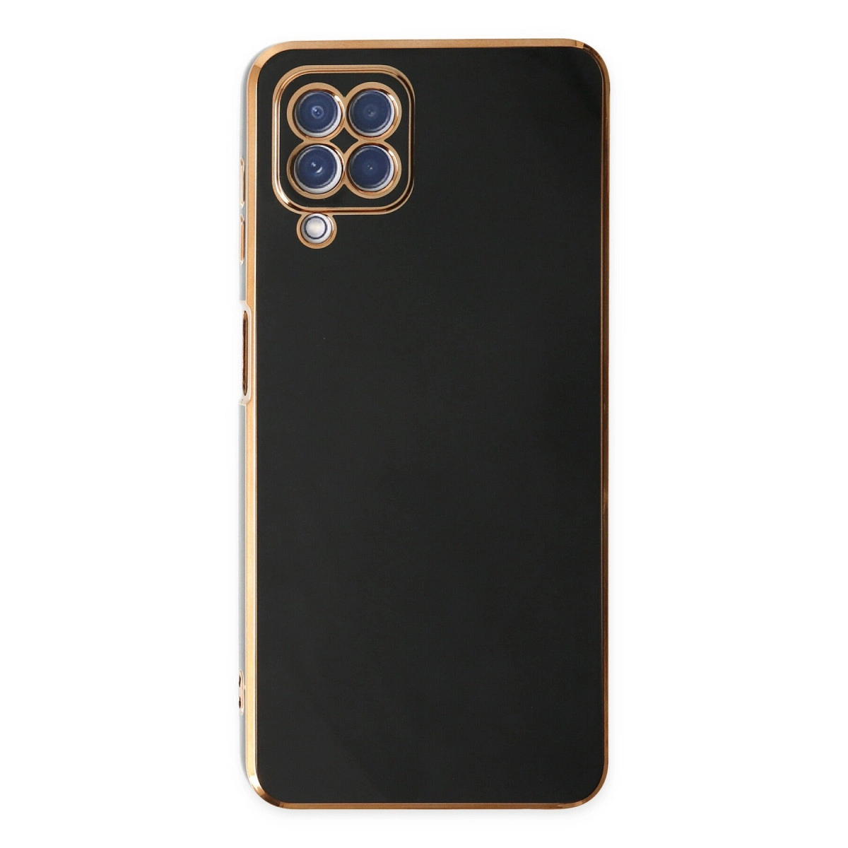 Dört kameralı, altın çerçeveli siyah telefon kılıfı.