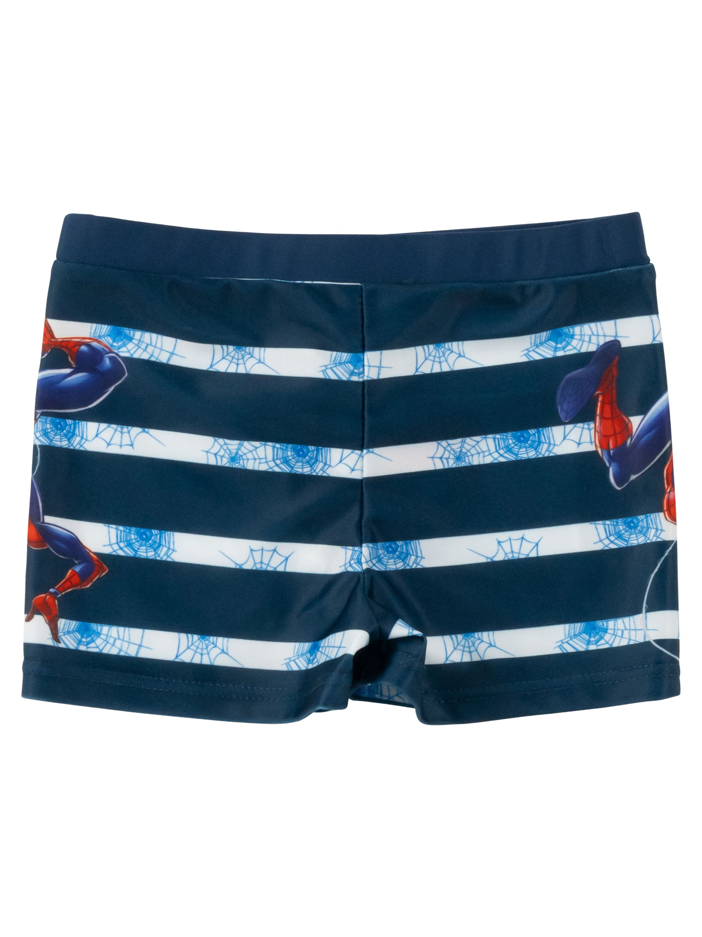 Dunkelblaue Badehose mit weißen Streifen und Spiderman-Motiv.