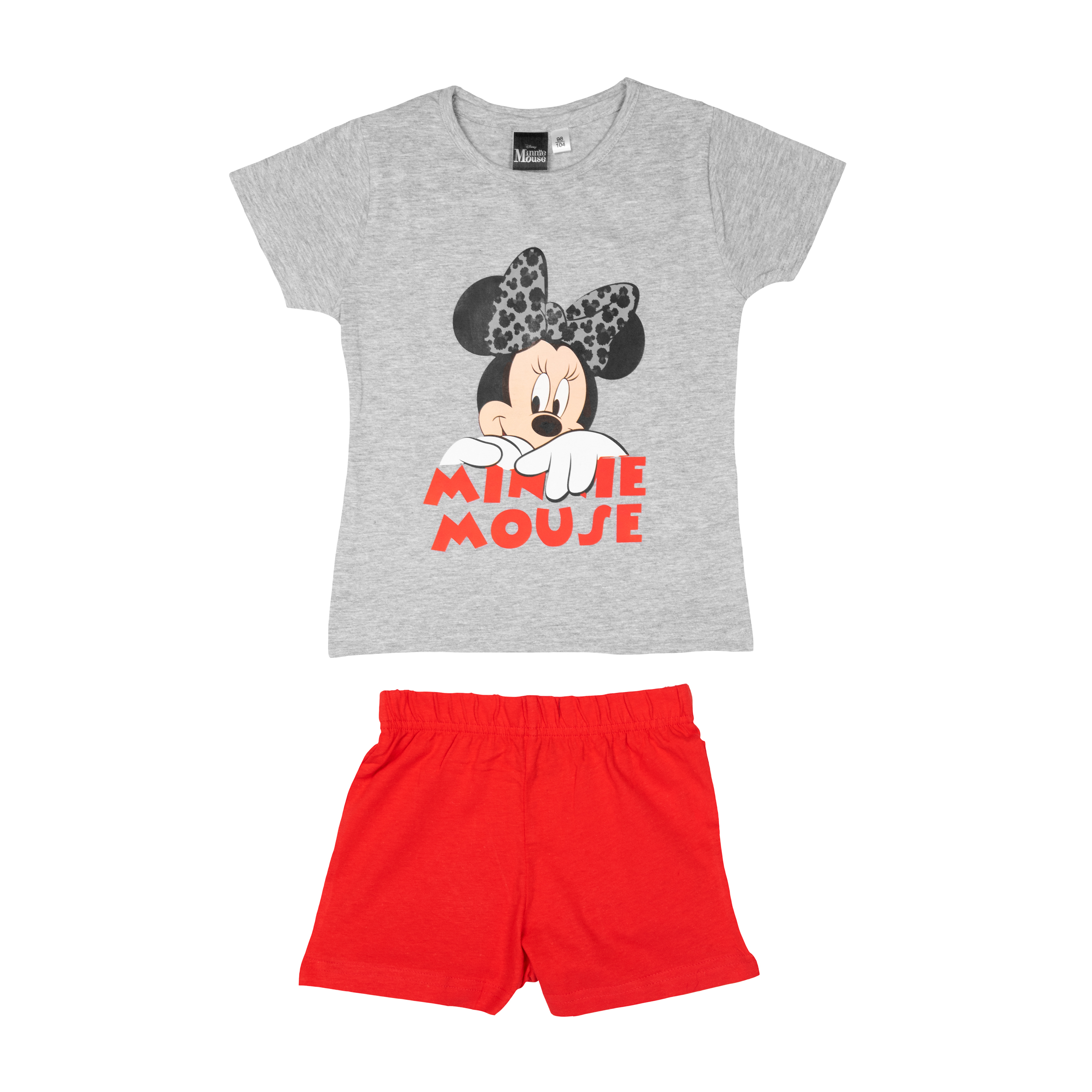 Graues T-Shirt mit Minnie Maus-Aufdruck und roter Hose.