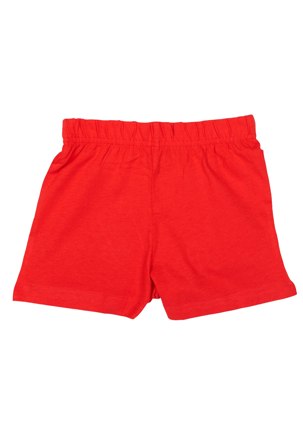 Ein Paar rote Kinder-Shorts aus Baumwolle mit Gummizugbund.