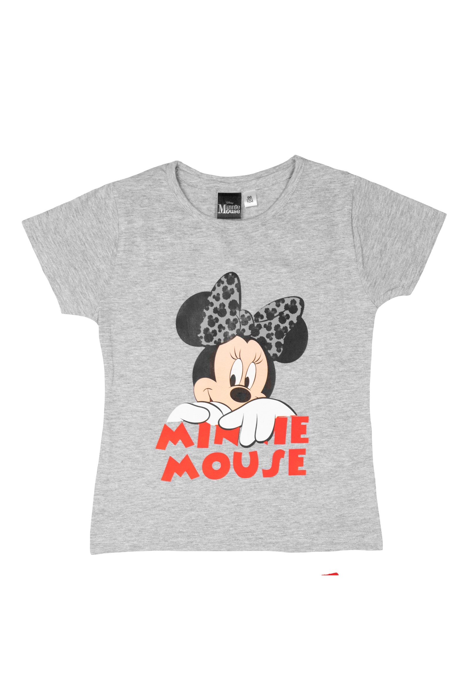 Graues T-Shirt mit Minnie Maus-Aufdruck und Schleife.