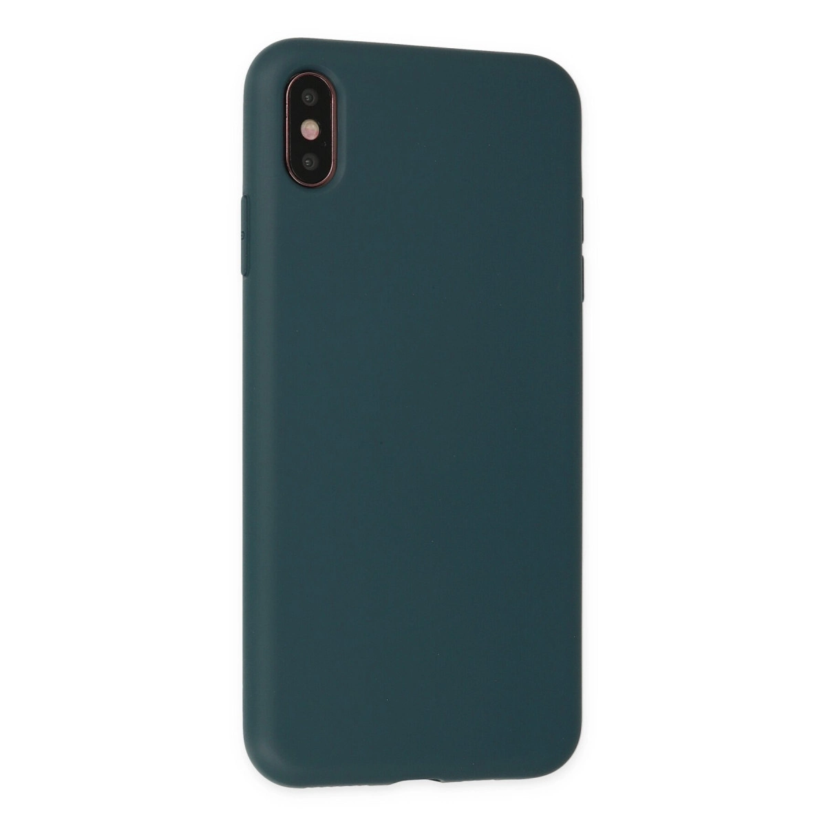 Arkada iki kamera lensi bulunan koyu yeşil silikon telefon kılıfı.