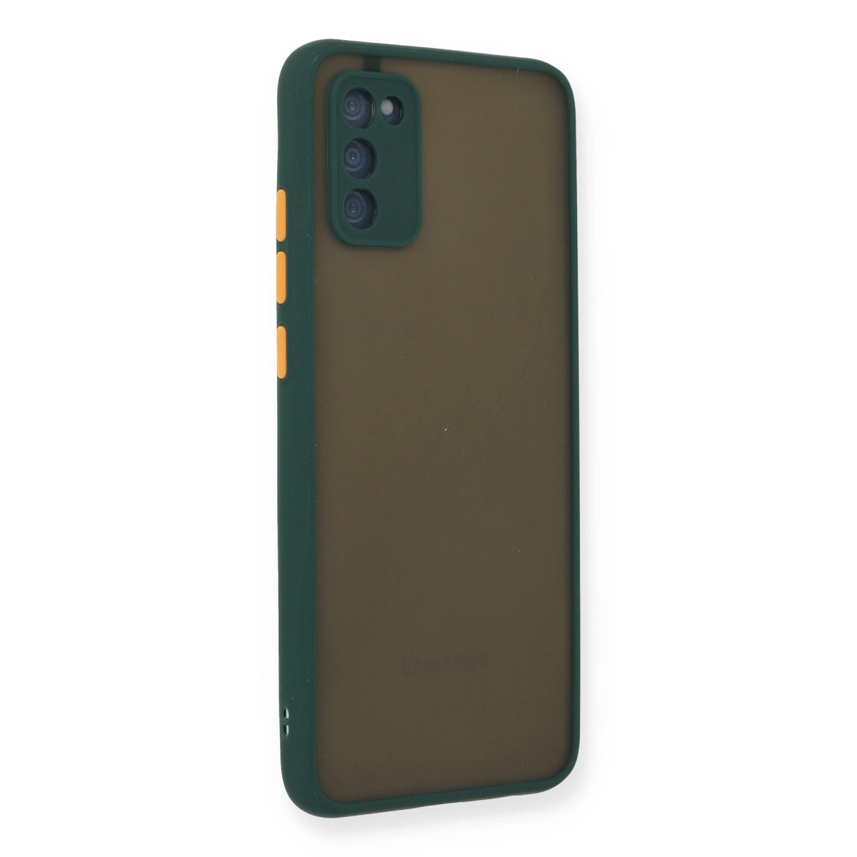 Koyu yeşil telefon kılıfı, kahverengi arka ve üç kamera.