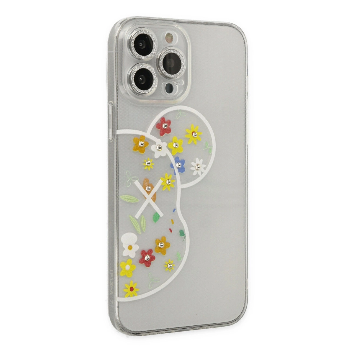 Renkli çiçek ve yaprak desenli şeffaf telefon kılıfı.