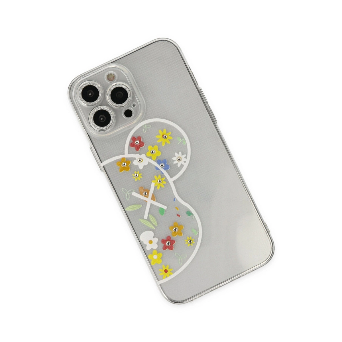 Beyaz zeminde çiçek desenli şeffaf telefon kılıfı.