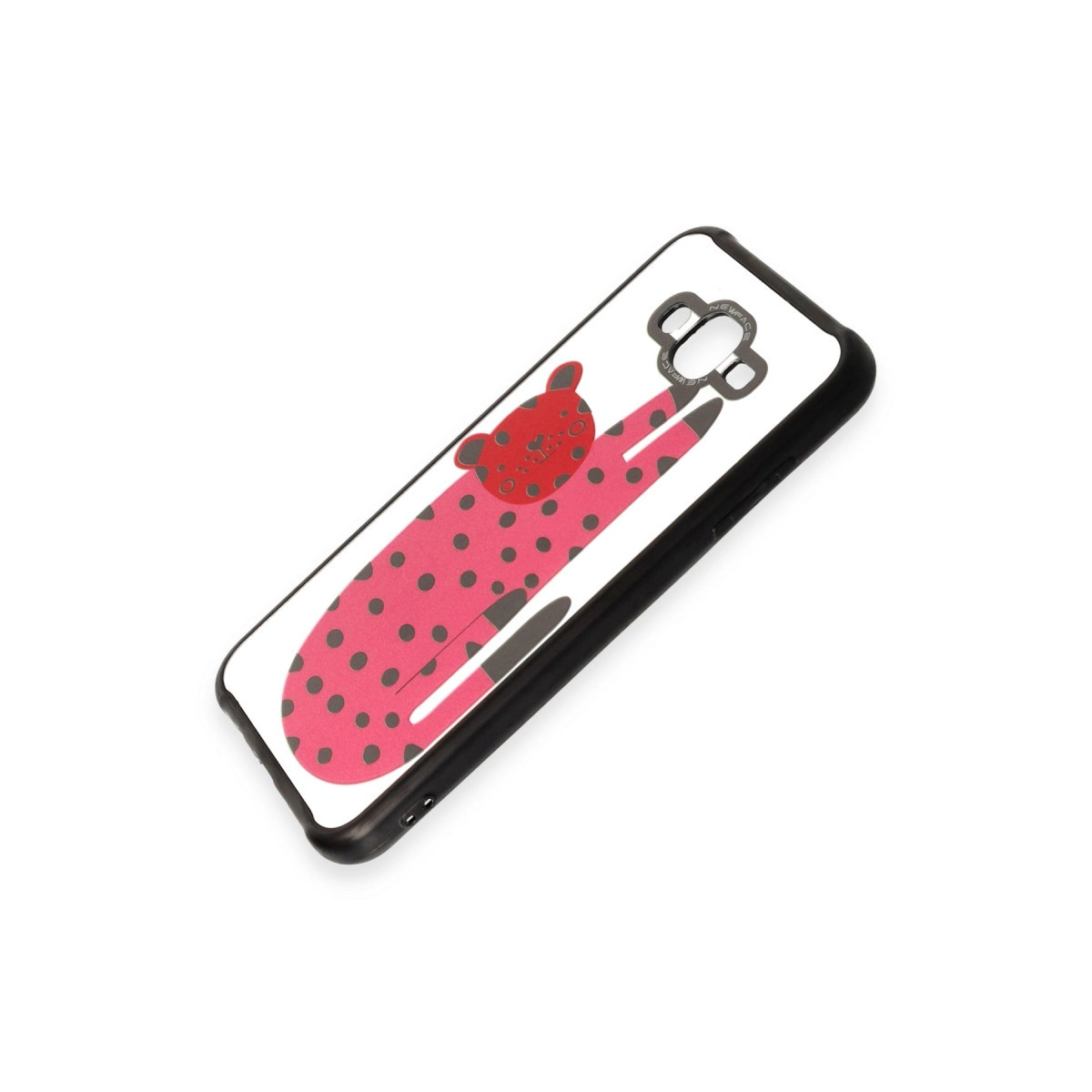 Beyaz zemin üzerinde pembe leopar desenli siyah telefon kılıfı.