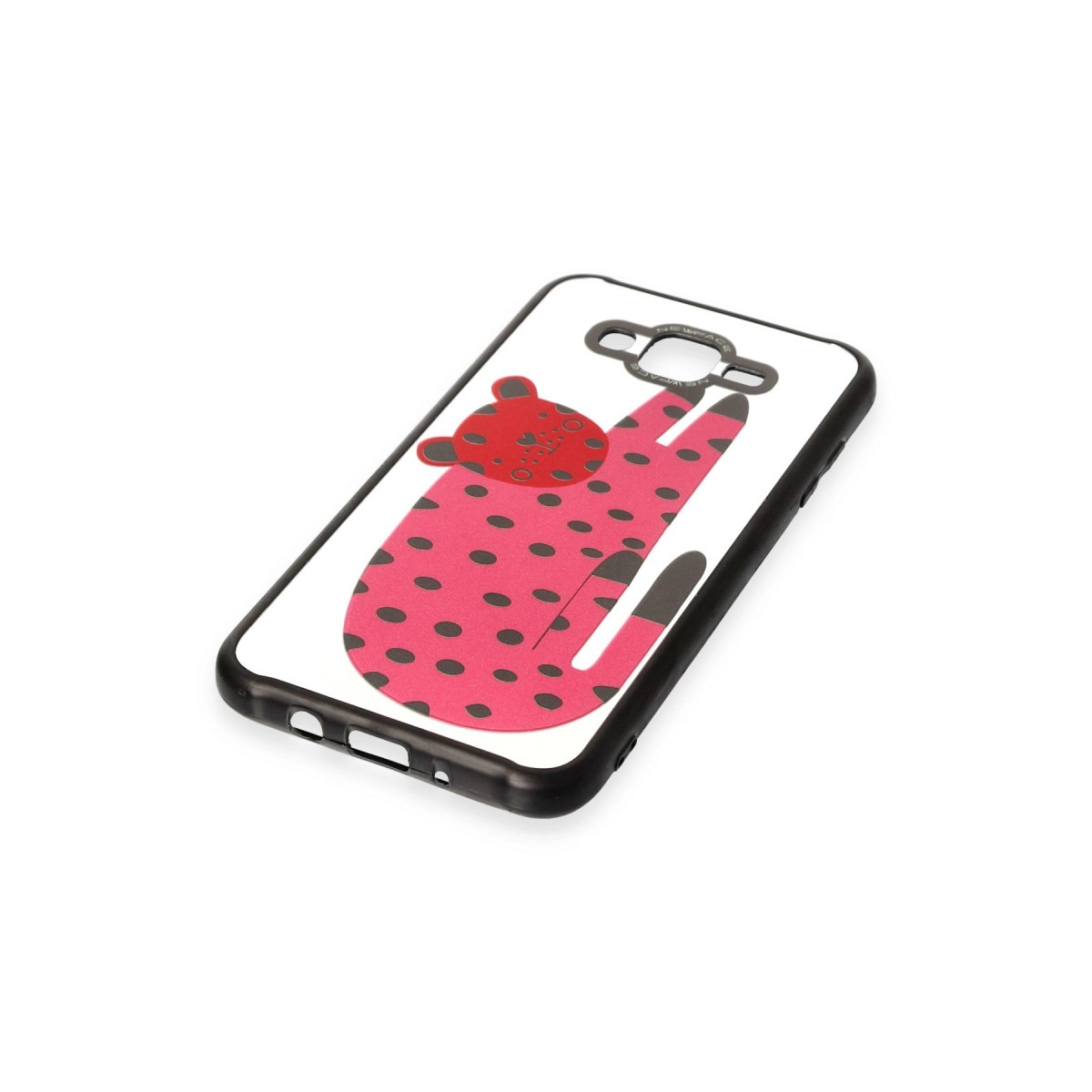 Siyah puantiyeli ve kırmızı leopar desenli pembe telefon kılıfı.