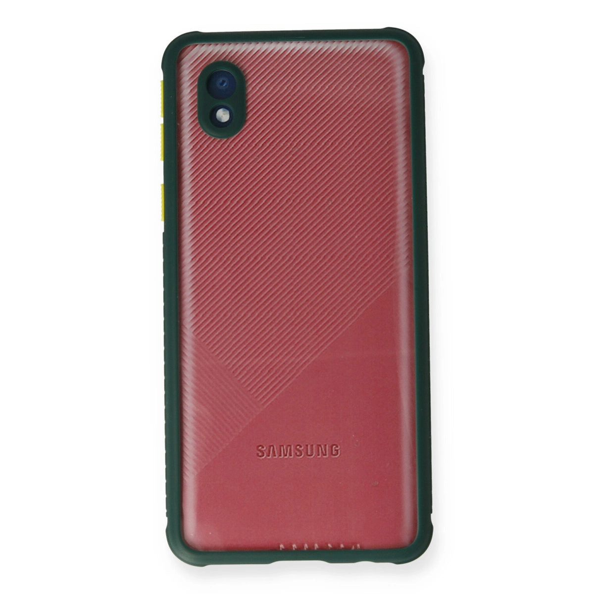Koyu kenarlı ve kamera kesimli kırmızı Samsung telefon kılıfı.