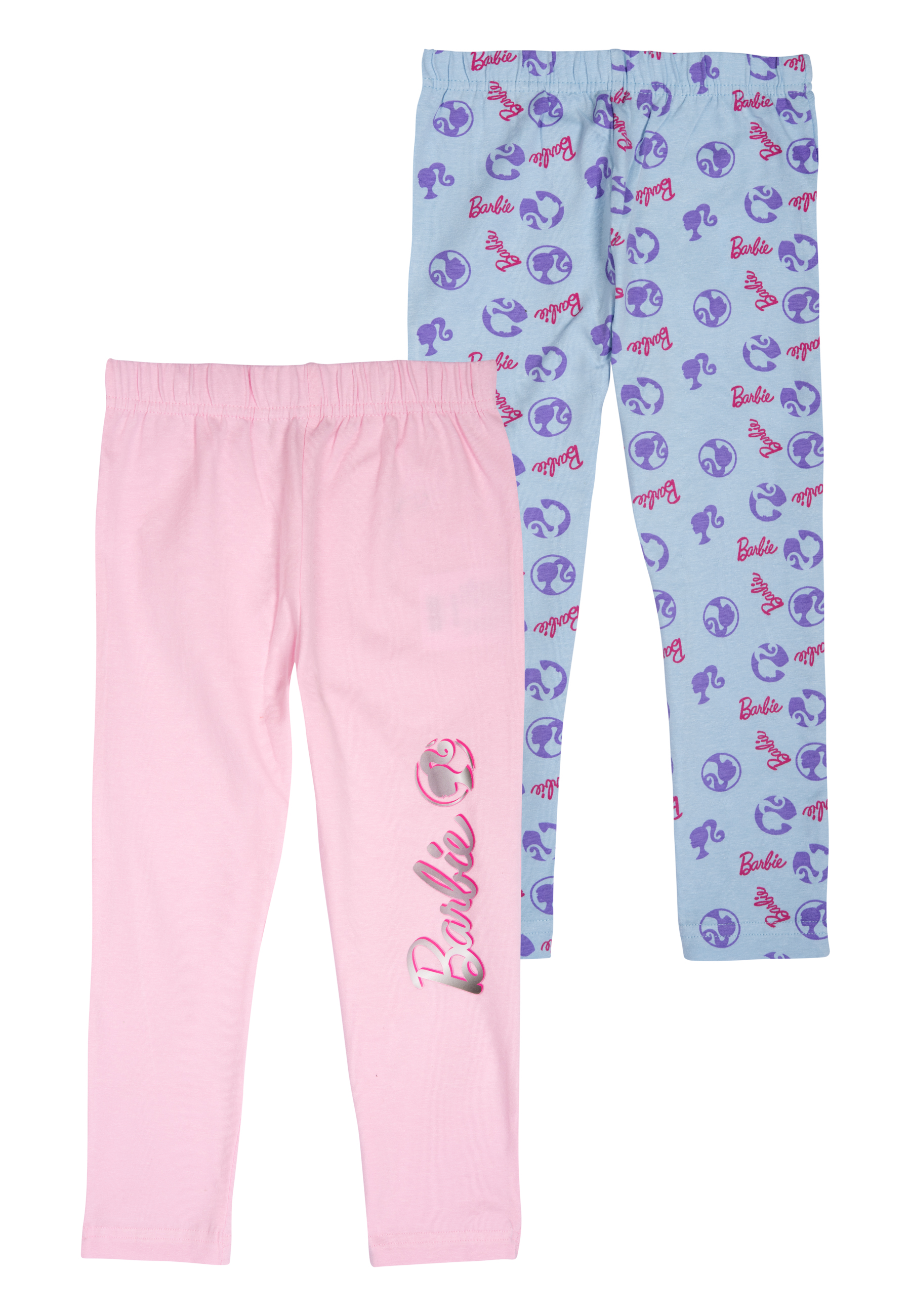 Zwei Leggings: eine rosa mit Barbie-Logo, eine hellblaue mit Barbie-Motiven.