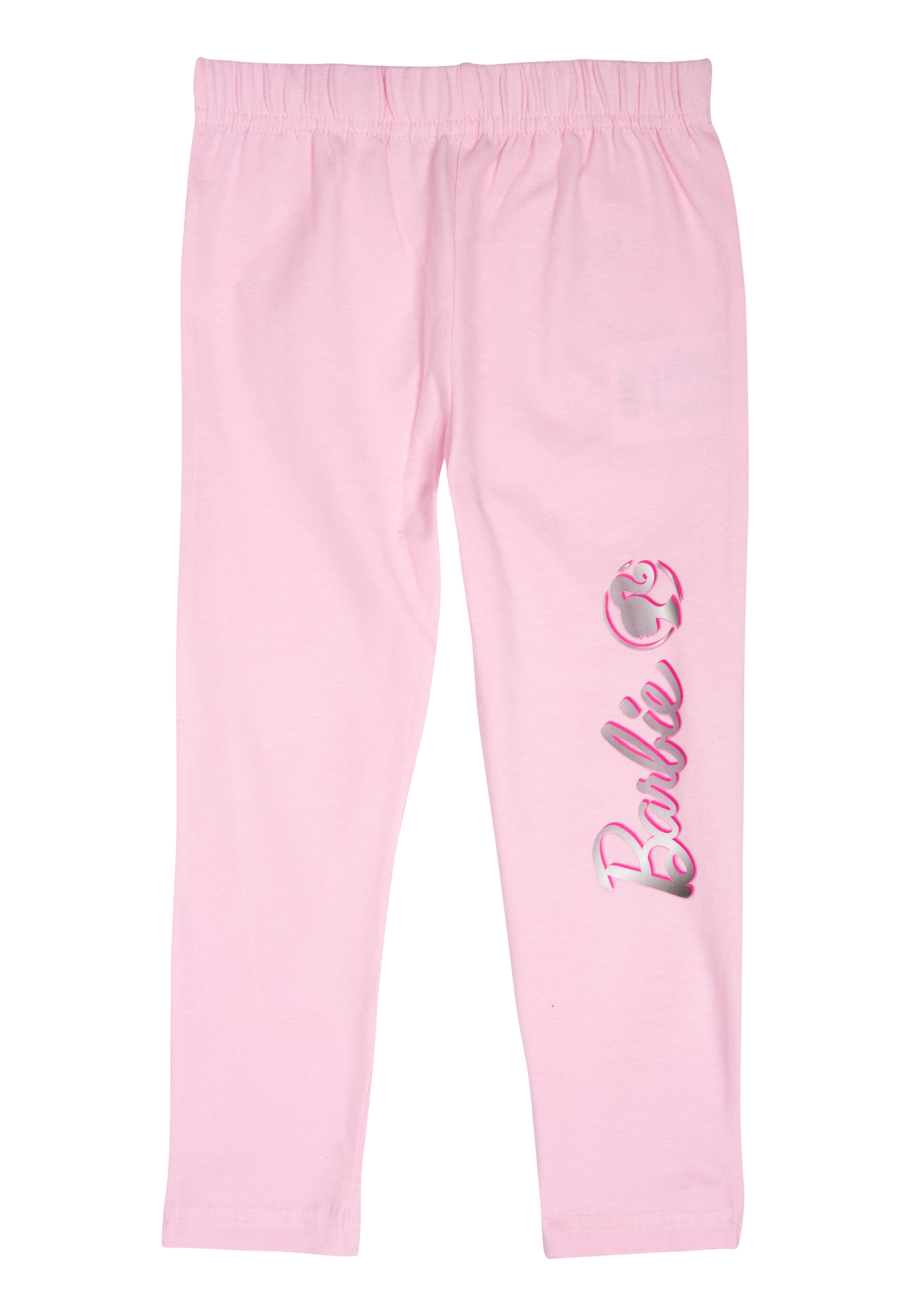 Eine rosafarbene Barbie-Leggings mit elastischem Bund und Glitzeraufdruck.