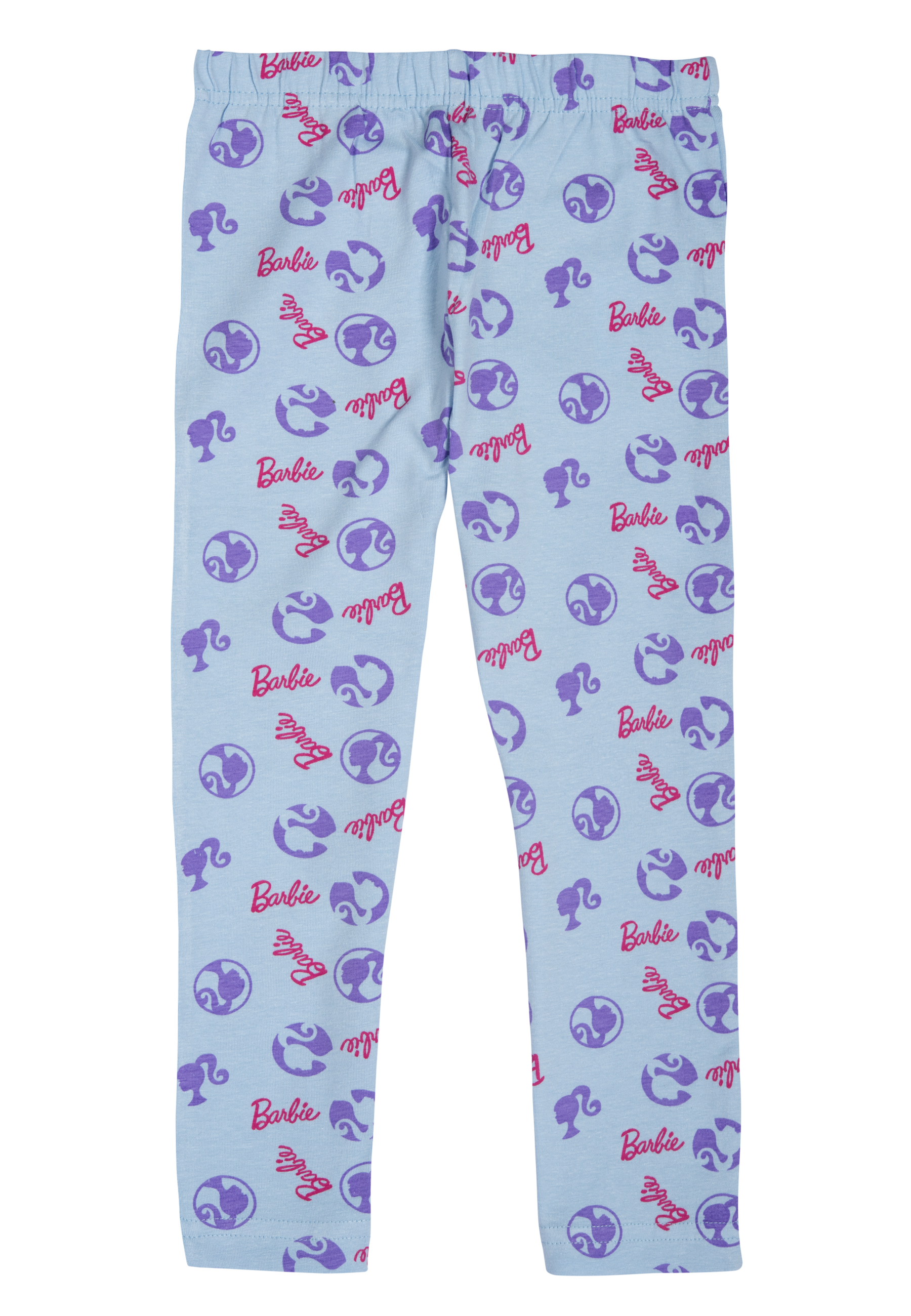 Hellblaue Hose mit Barbie-Logo und Erdball-Print.