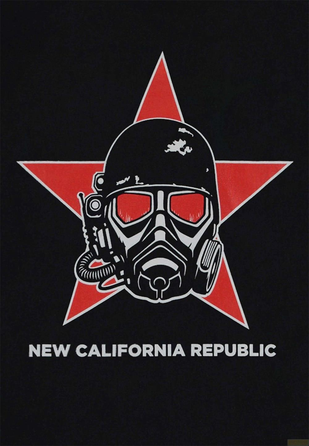 Ein gasmaskenartiges Visier mit roten Augen vor einem roten Stern. Darunter steht 'New California Republic'.