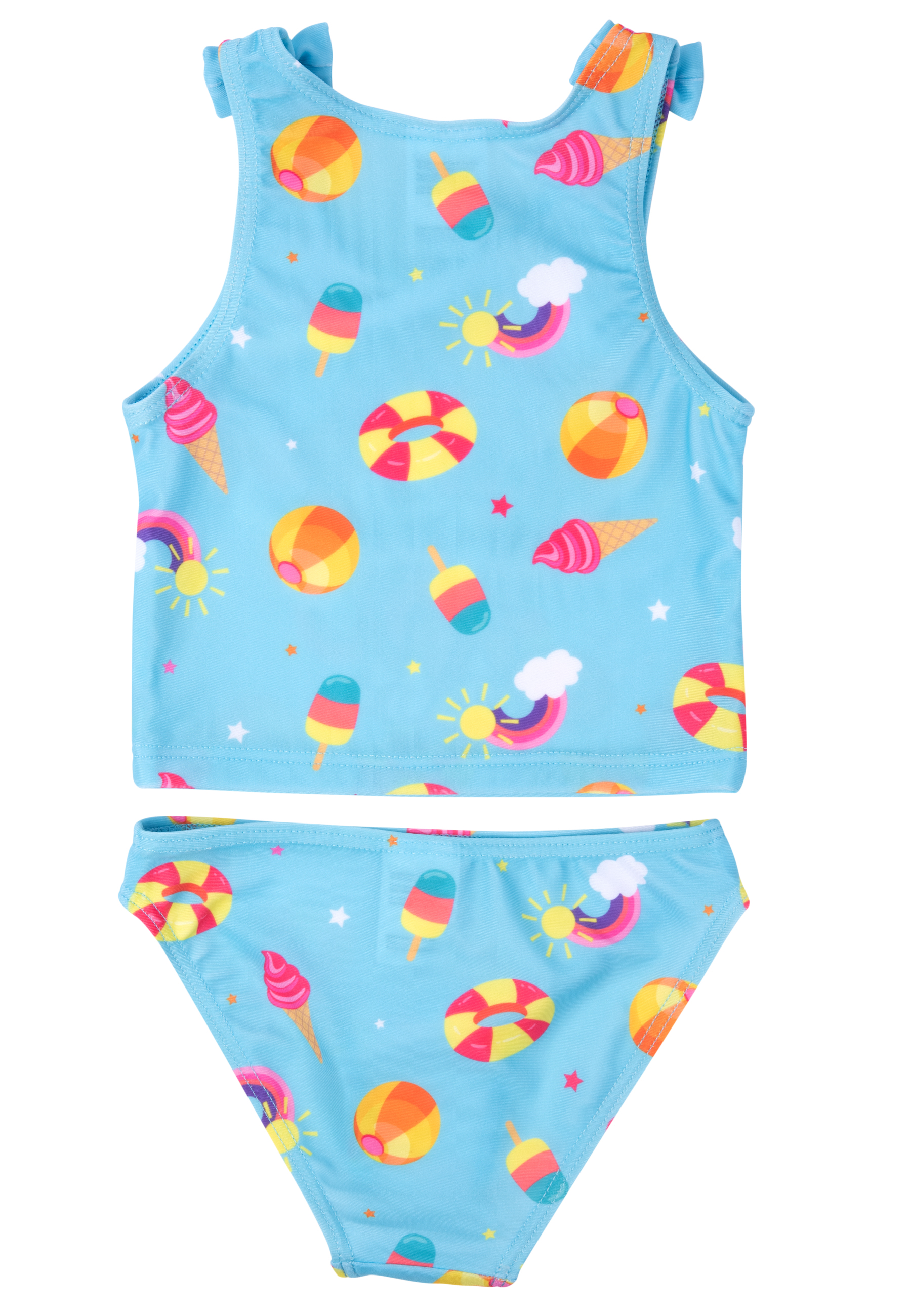 Hellblaues Bikini-Oberteil und Unterteil mit Sommer-Motiven: Eis, Bälle, Regenbogen.