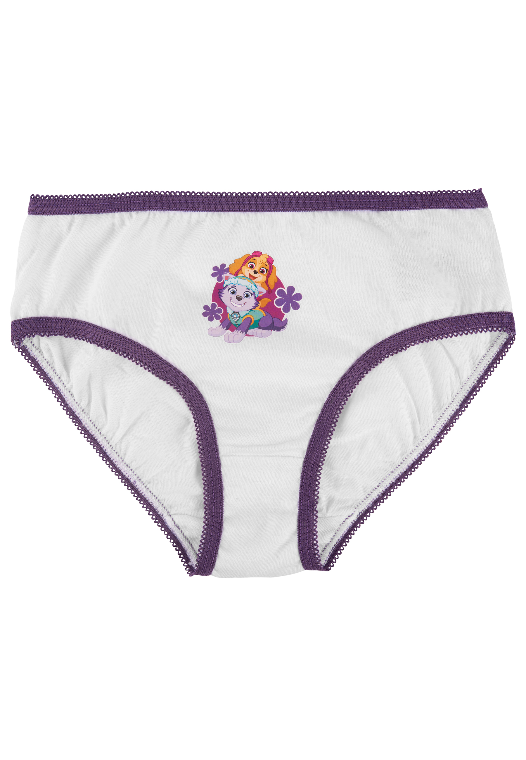 Weiße Kinderunterwäsche mit lila Borte und Paw Patrol Motiv.