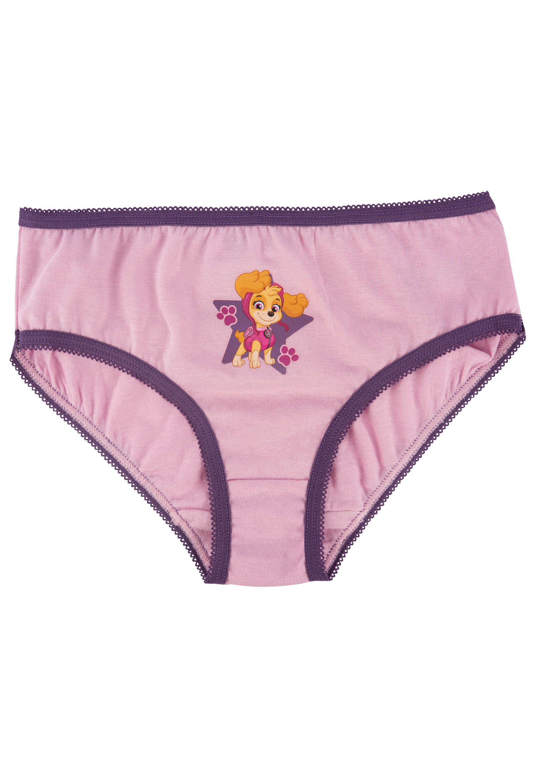 Rosa Unterhose mit lila Rand und Skye von Paw Patrol Aufdruck.