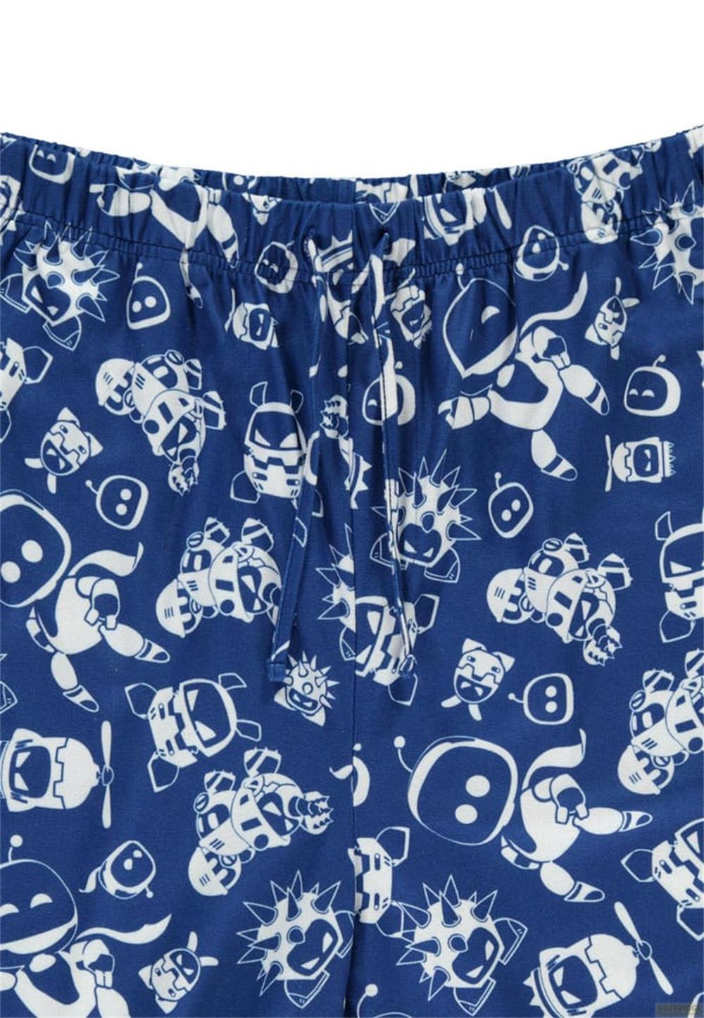 Blauer Stoff mit weißem Muster aus Comic-Robotern und Kreaturen.