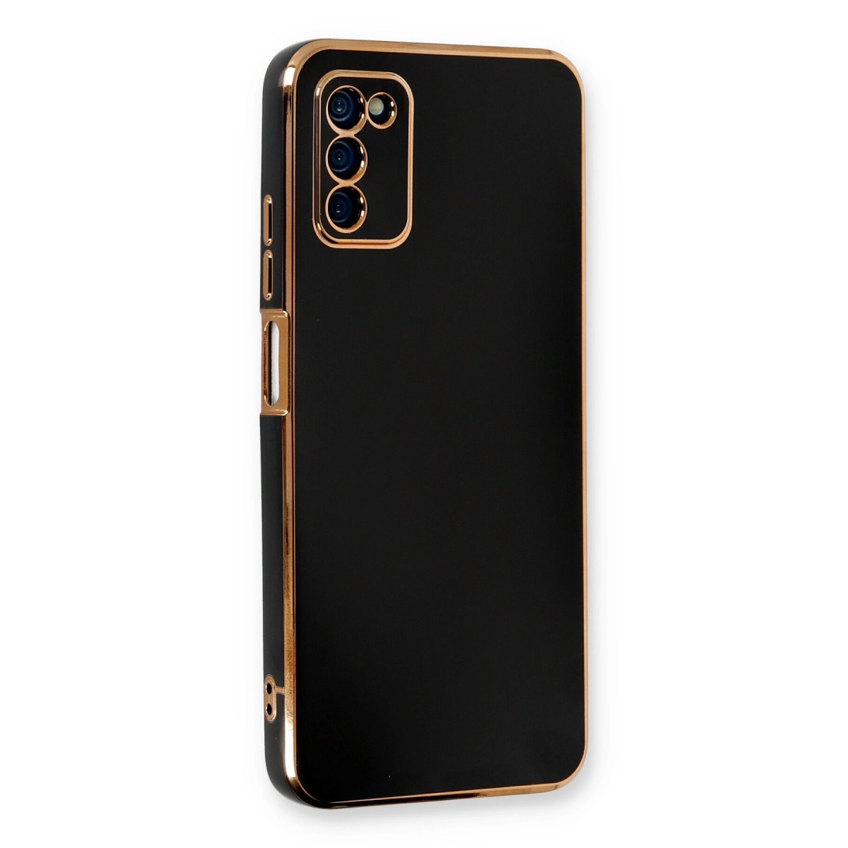Altın çerçeveli ve kamera modüllü siyah telefon kılıfı.