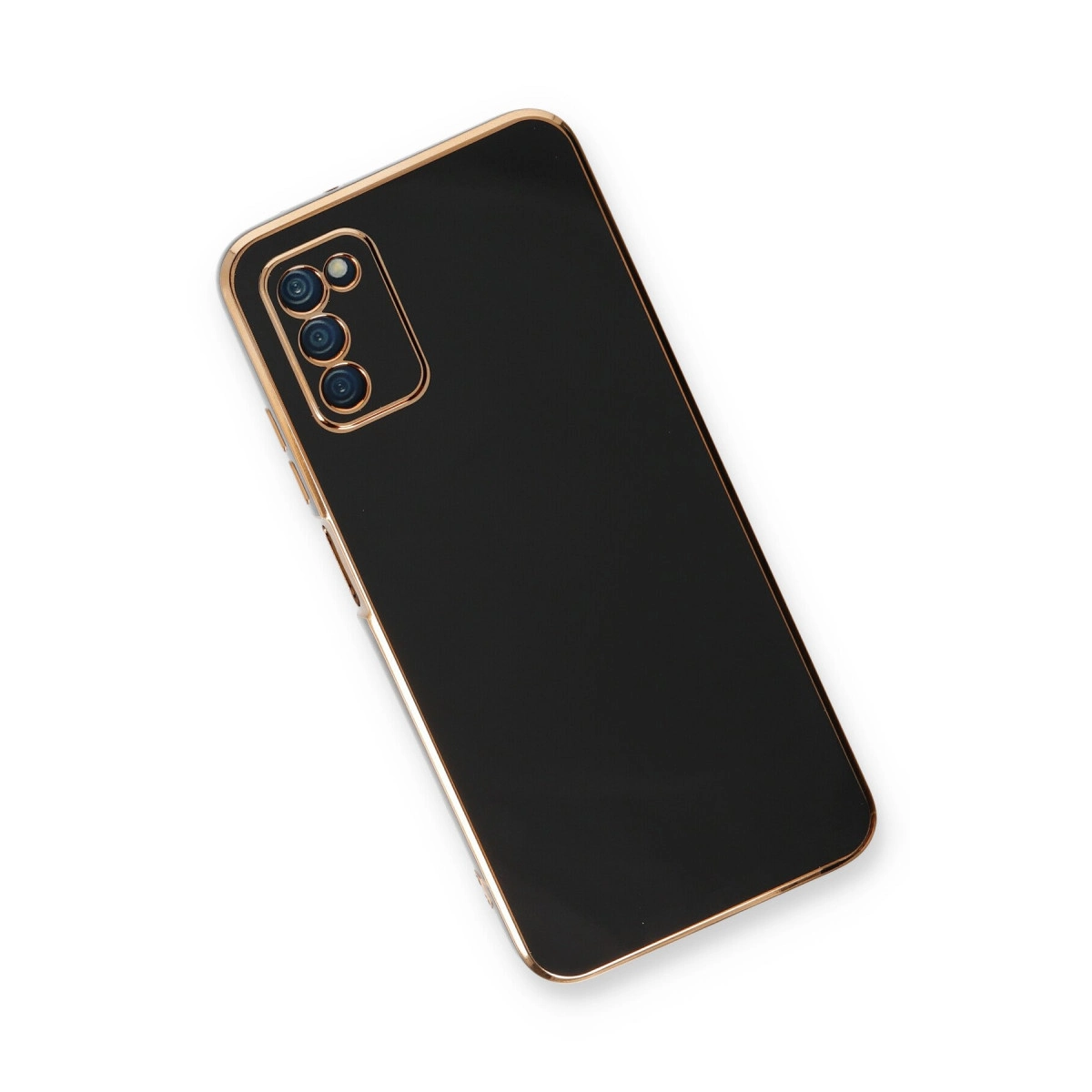 Altın çerçeveli ve kamera adacıklı siyah telefon kılıfı.
