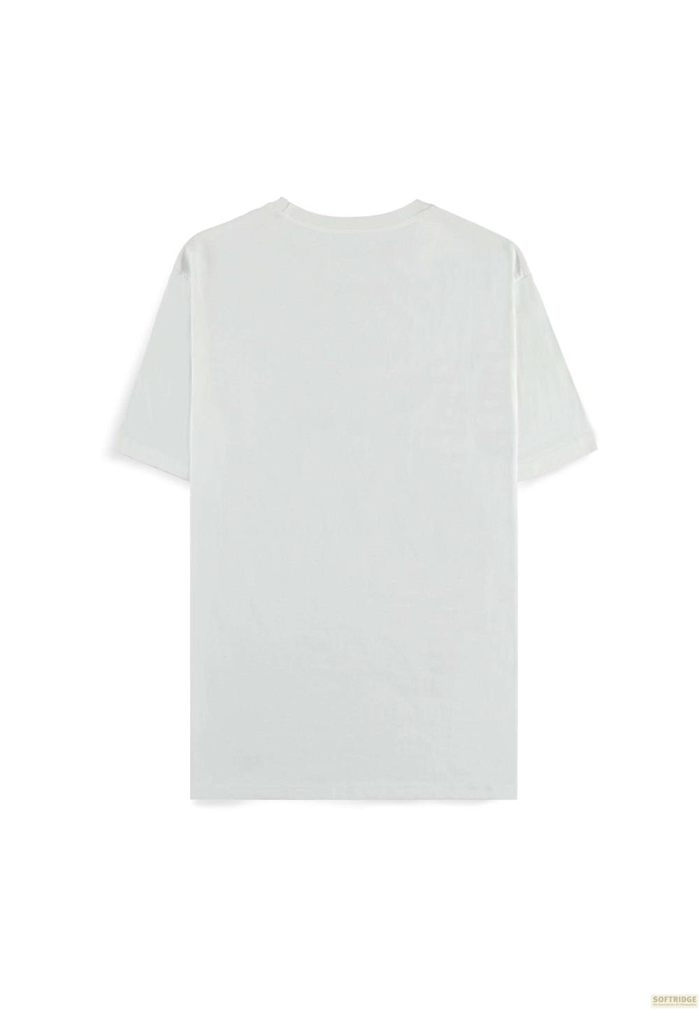 Ein weißes Kurzarm-T-Shirt, von hinten gezeigt, auf weißem Hintergrund.