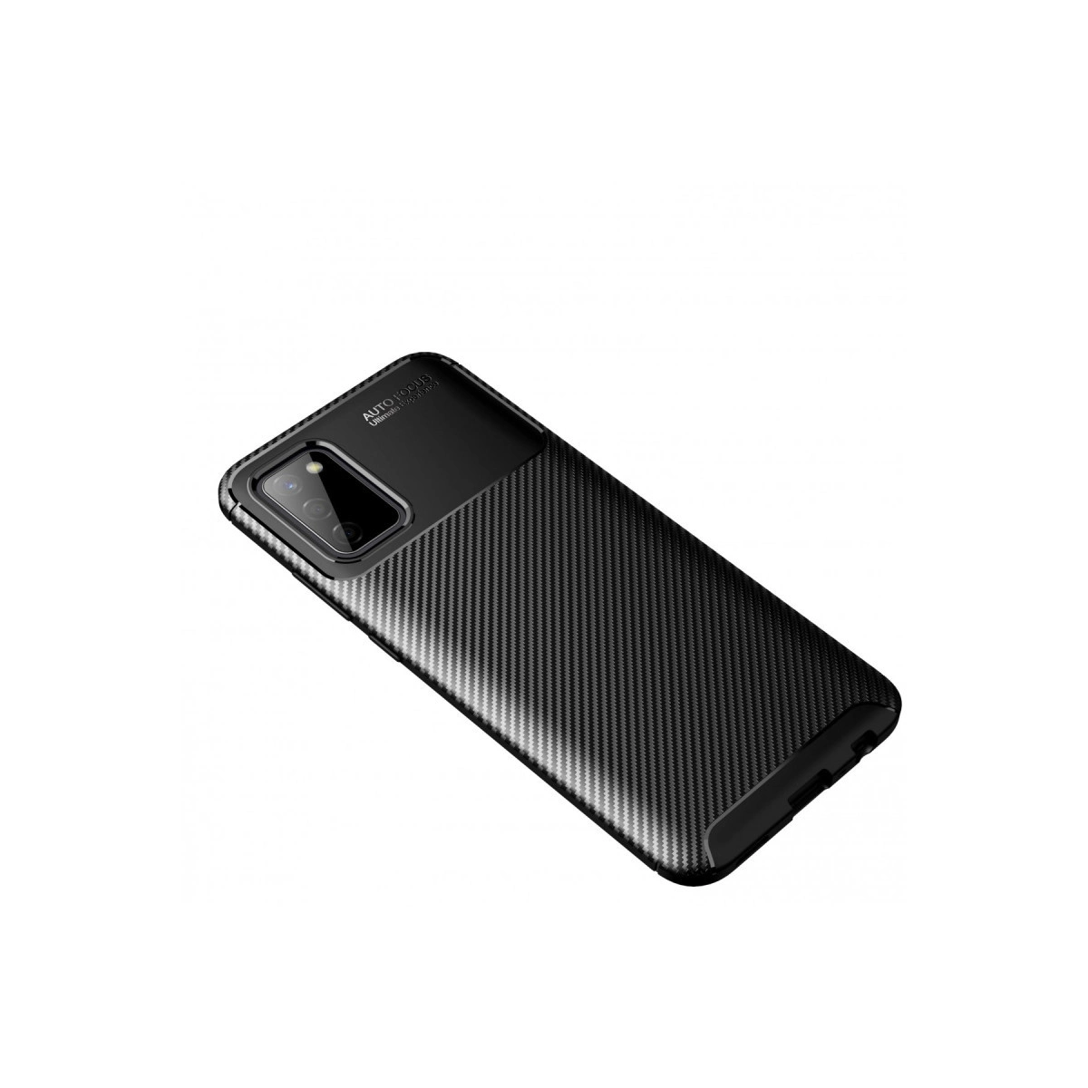Karbon fiber kılıflı siyah akıllı telefon, beyaz arka plan üzerinde kamera modülü.