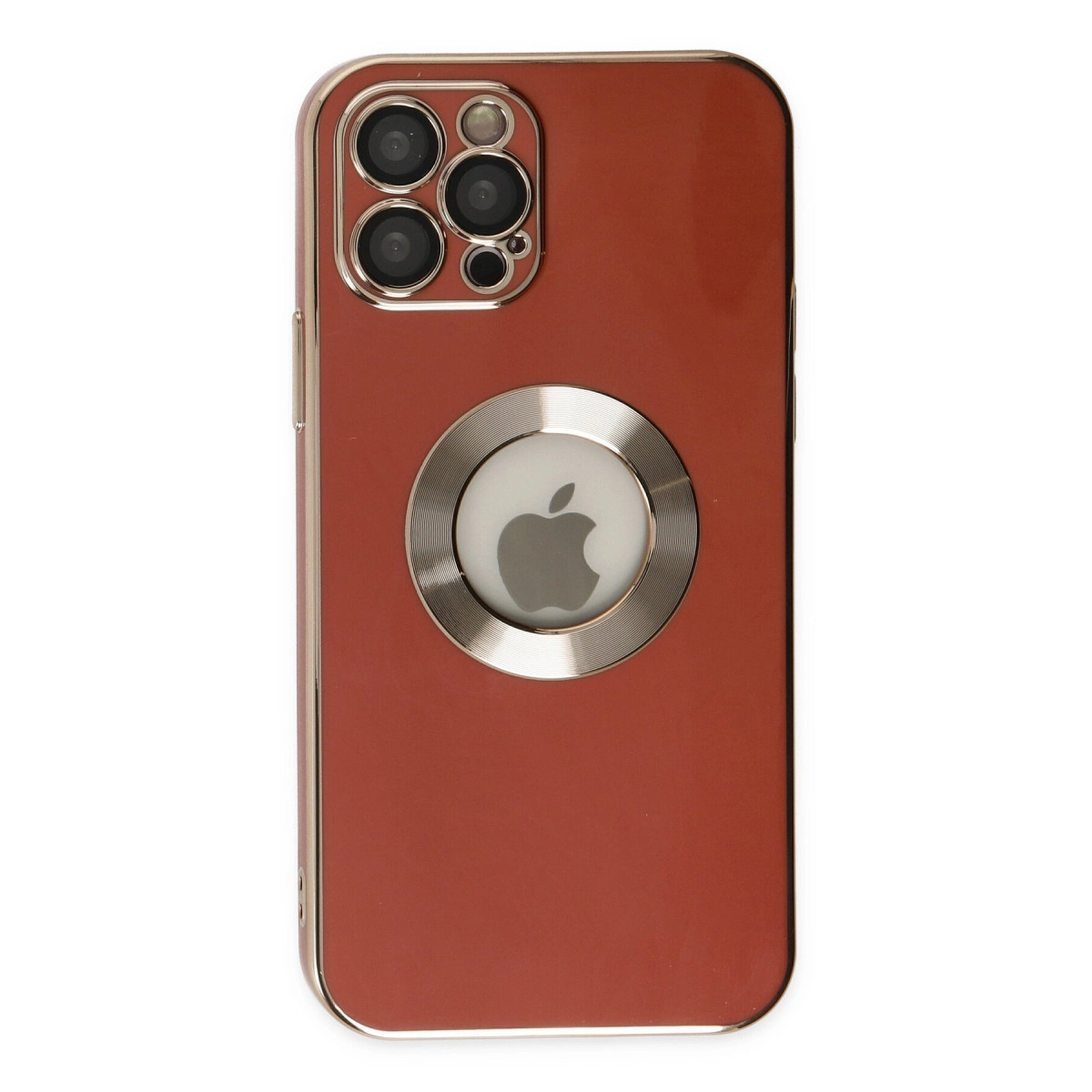Arkada Apple logosu dairesi ve üç kamerası olan kırmızı telefon kılıfı.