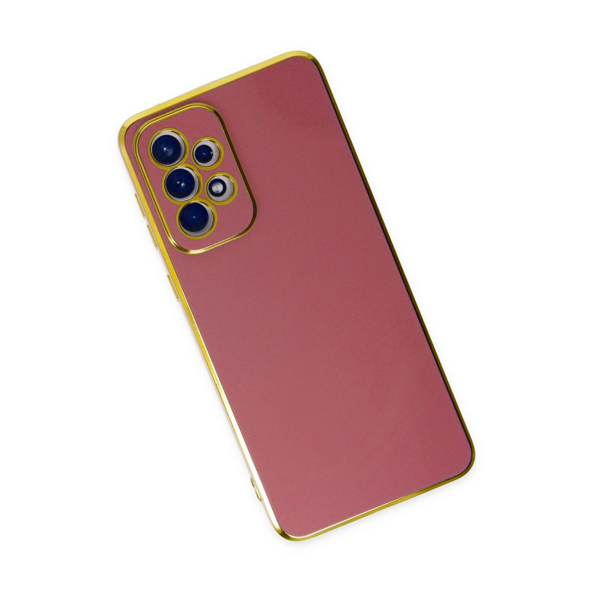 Altın çerçeveli ve kamera modüllü pembe telefon kılıfı.