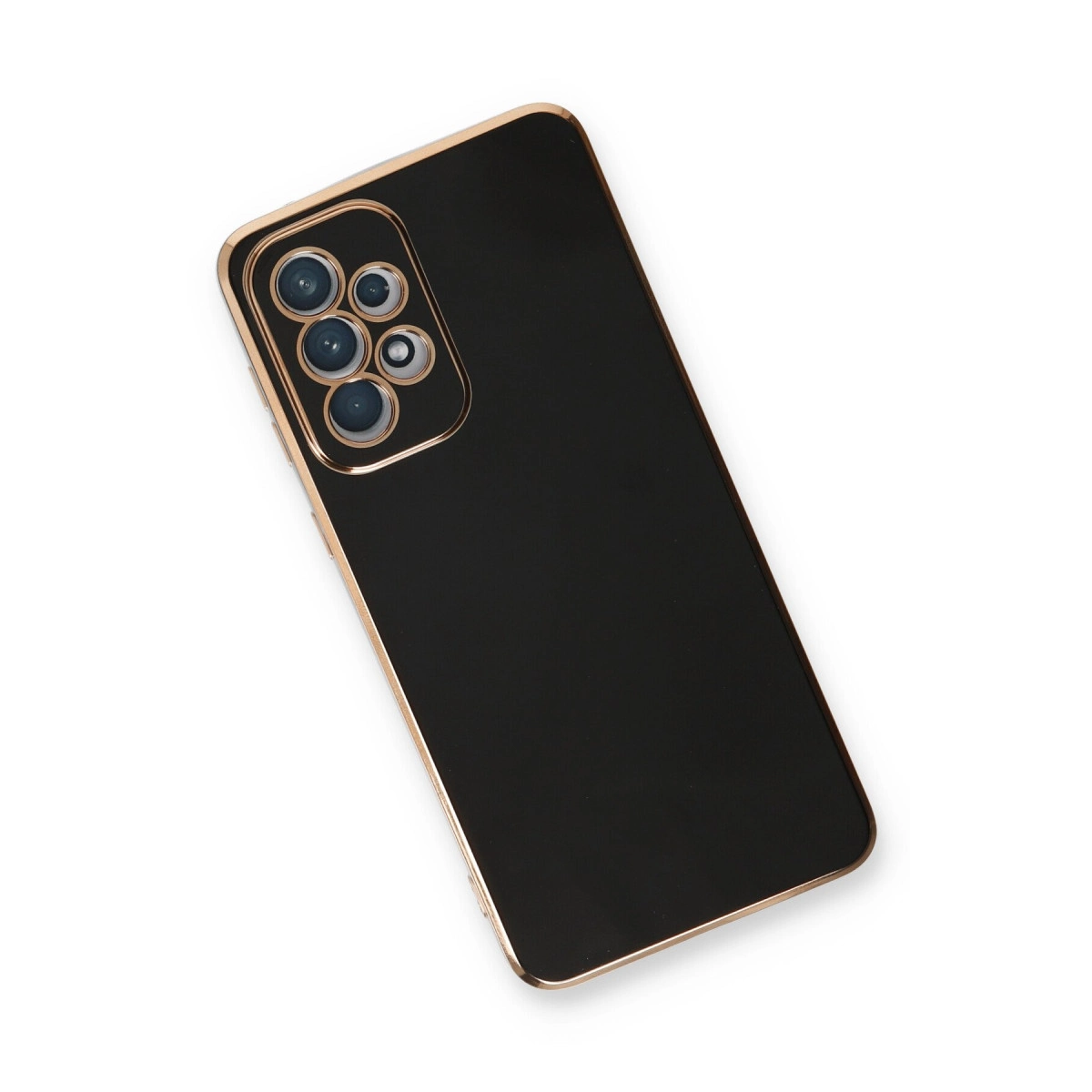 Altın çerçeveli ve kameralı siyah telefon kılıfı.