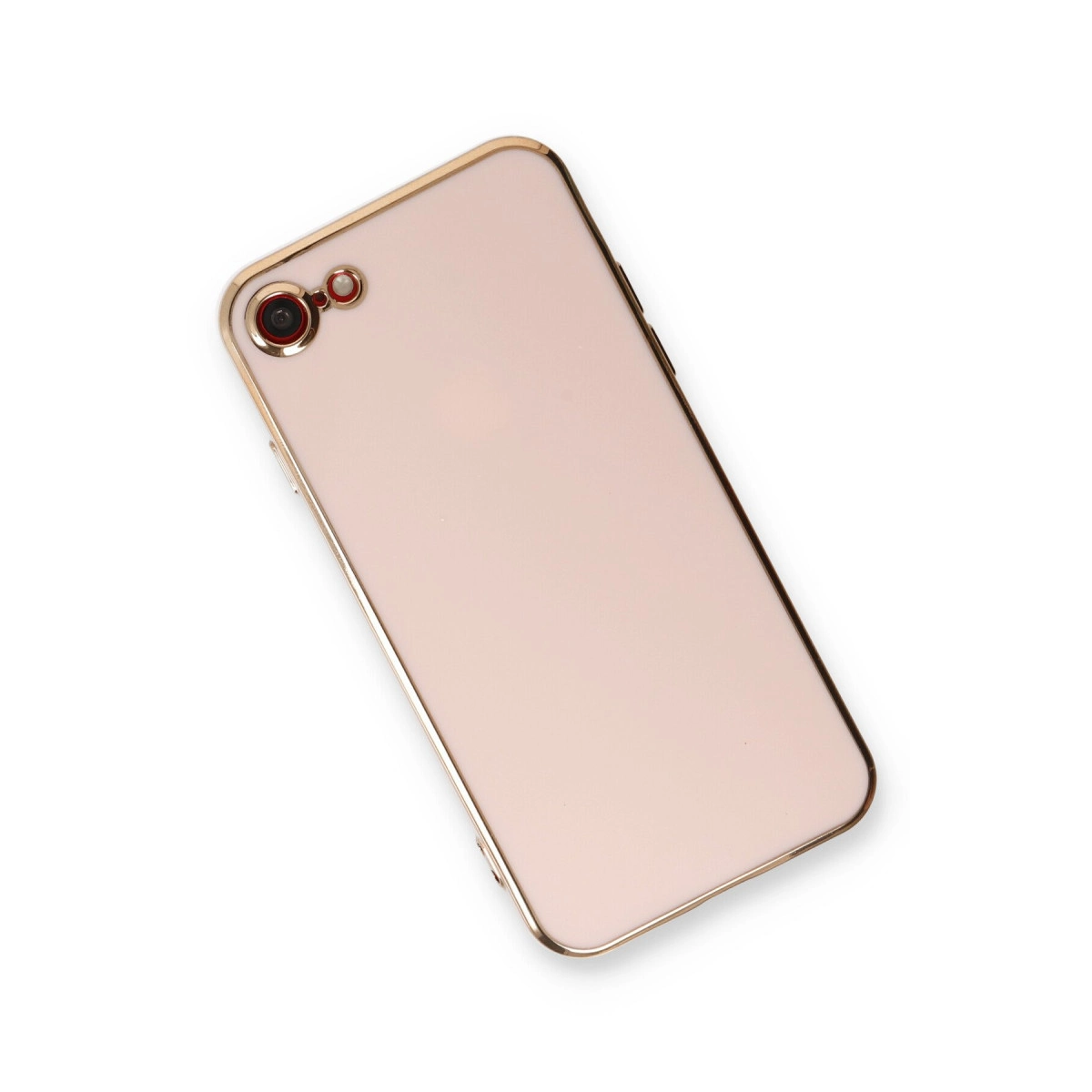 Altın kenarlı ve kamera kesimli, gül altın rengi telefon kılıfı.