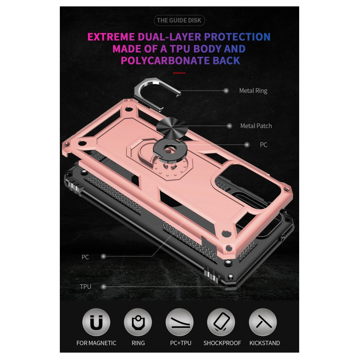 Halka tutuculu ve koruyucu özellikli iki adet rose gold telefon kılıfı.
