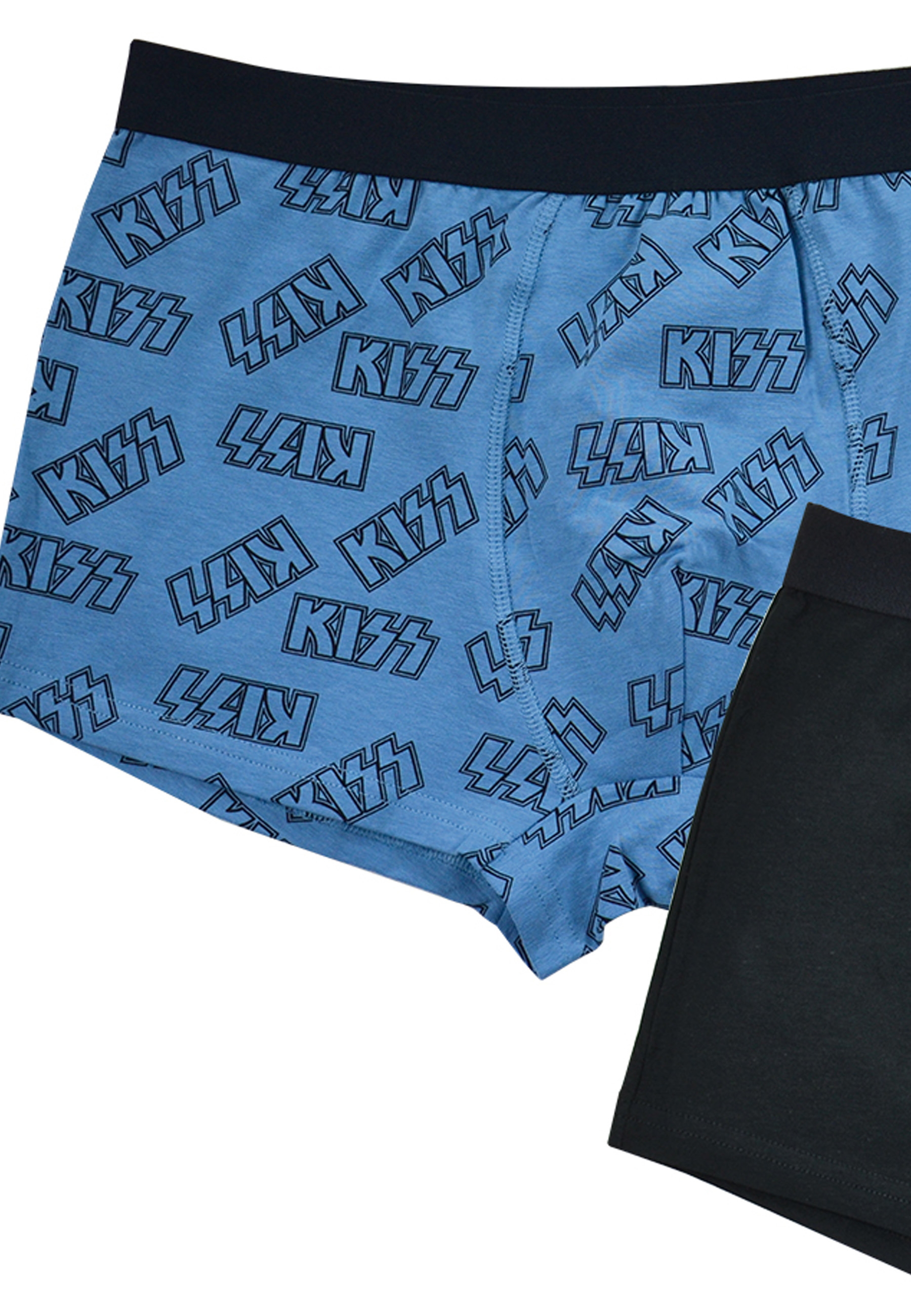 Blaue Boxershorts mit schwarzem 'KISS'-Muster und schwarzem Bund.