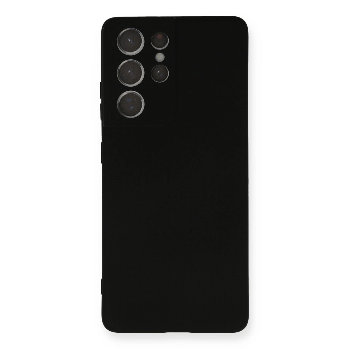 Arkada dört kameralı siyah telefon kılıfı, beyaz arka plan.