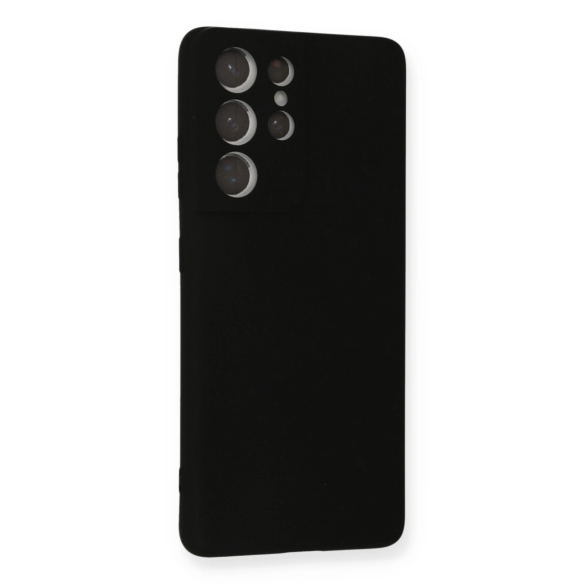 Sol üstte dört adet görünür kamera lensi bulunan siyah akıllı telefon kılıfı.