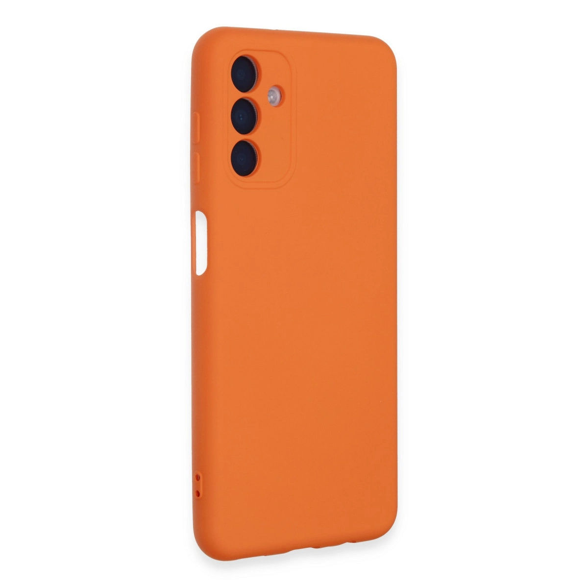 Üç kamera lensi ve flaşa sahip parlak turuncu telefon kılıfı.