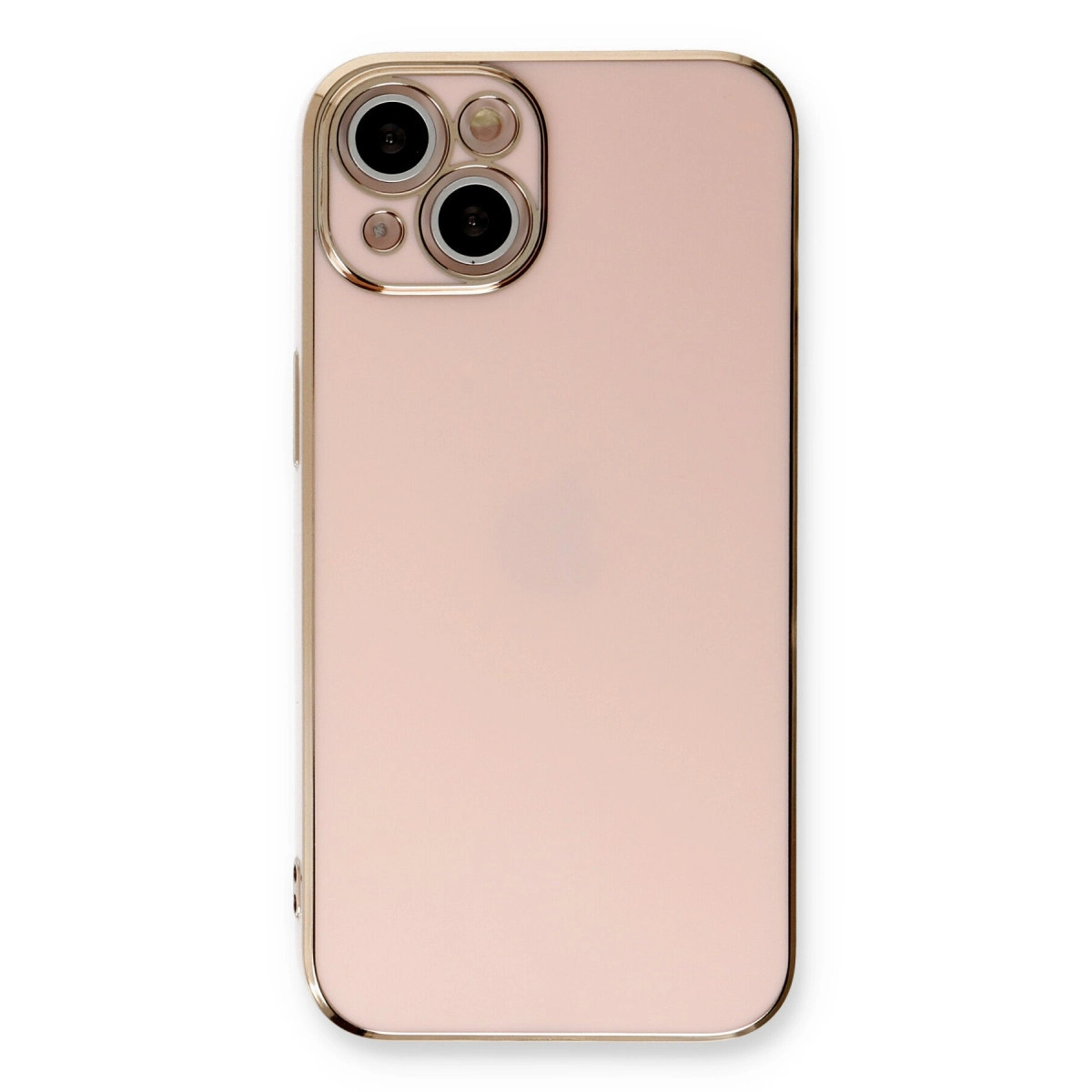 Altın çerçeveli ve üç kameralı pembe bir iPhone'un arkası.