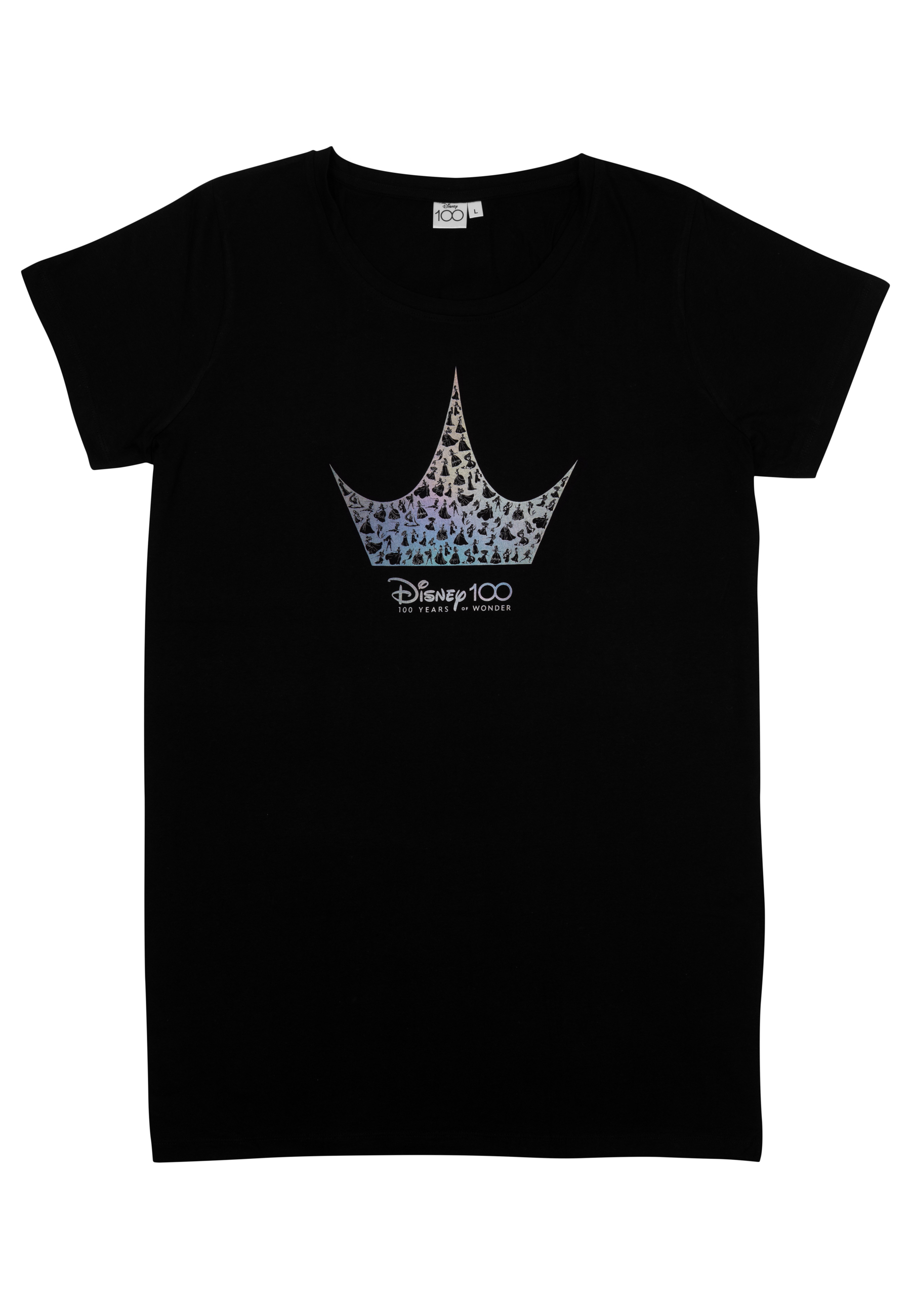 Schwarzes T-Shirt mit Disney 100-Logo und einer Krone aus Disney-Figuren.