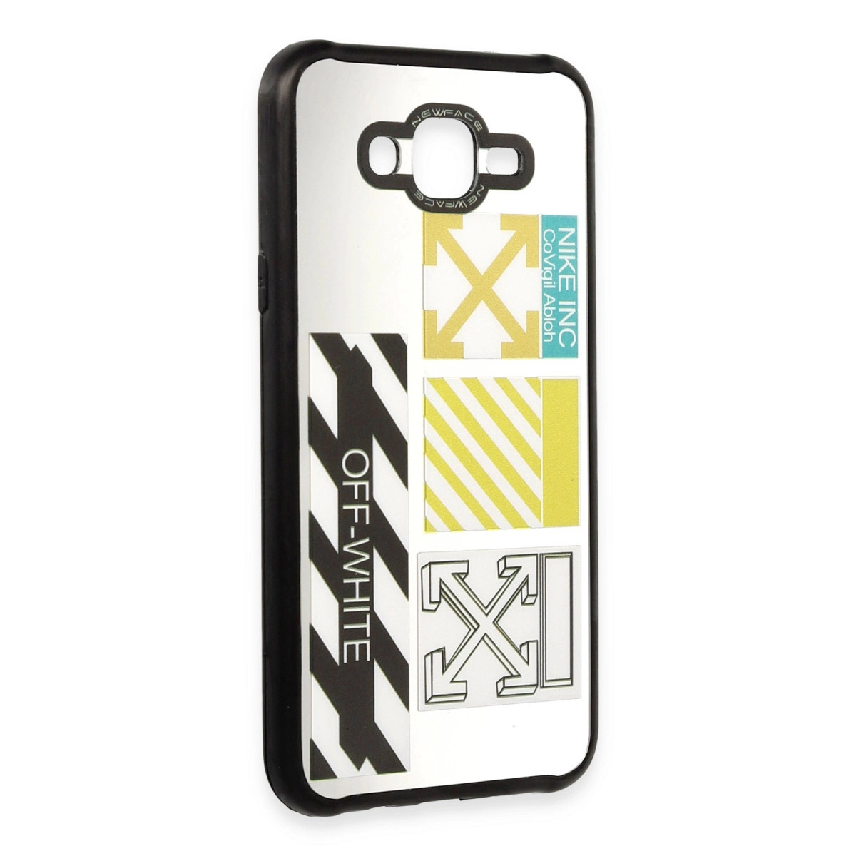 Siyah ve sarı Off-White grafiklere sahip beyaz telefon kılıfı.