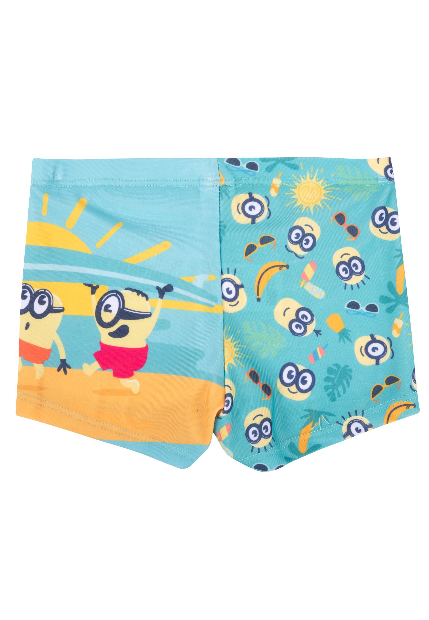 Badehose mit Minions-Motiv, Strand und Sommer-Accessoires auf türkisfarbenem Grund.
